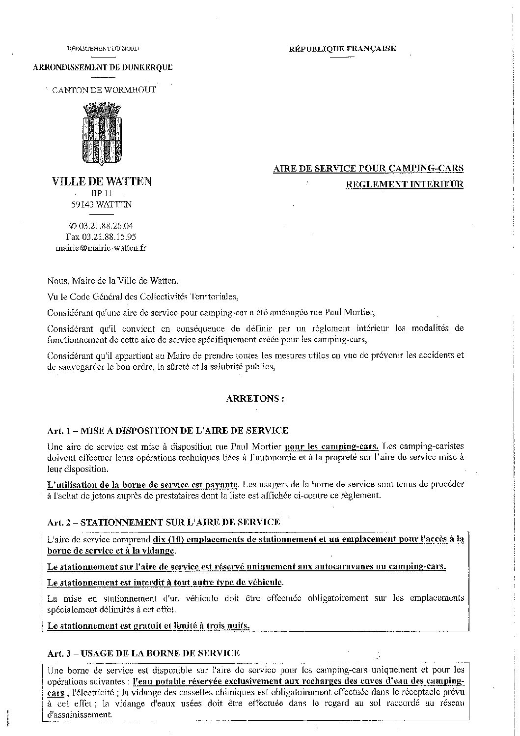 Règlement aire de service pour camping-cars de Watten septembre 2018