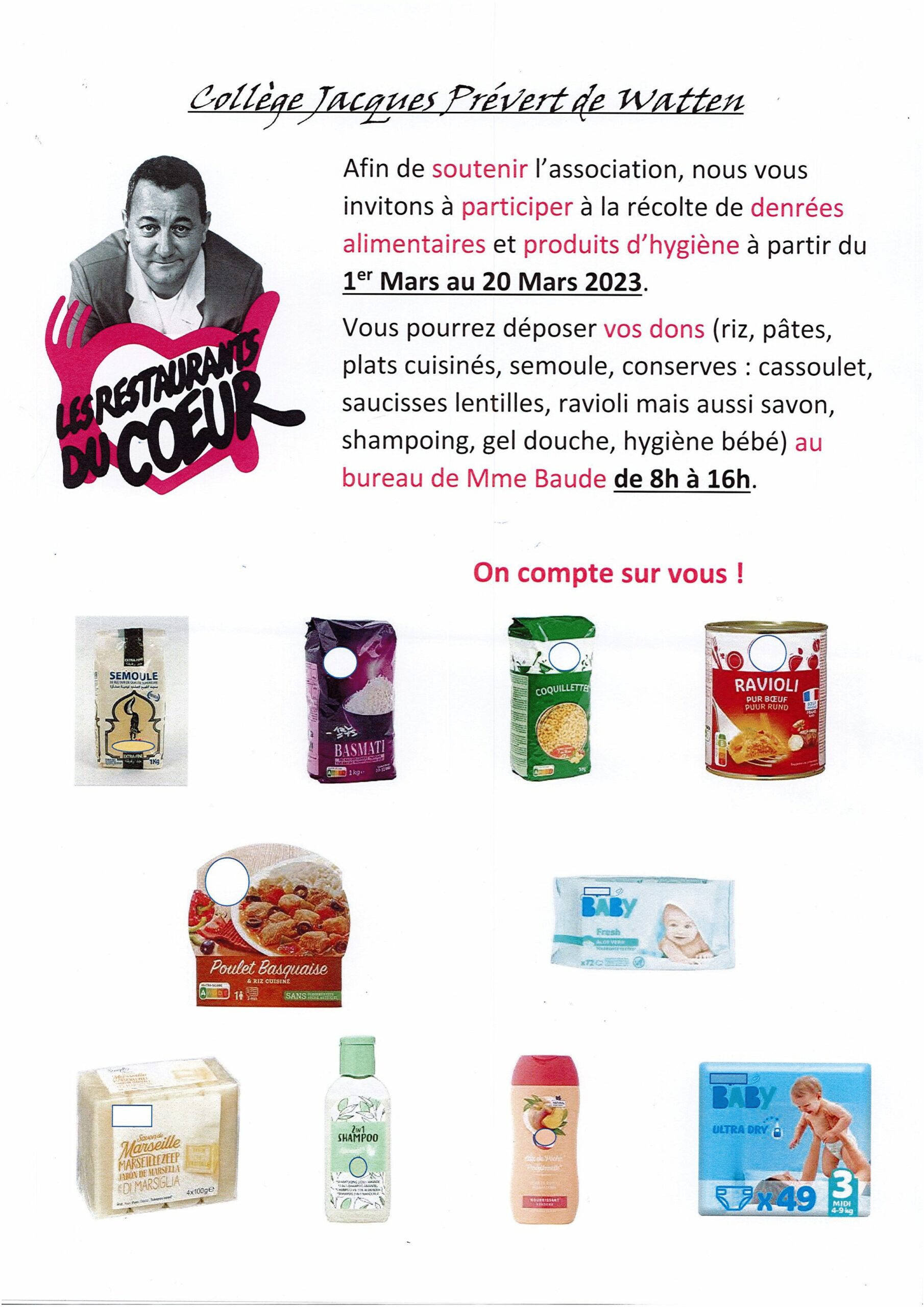 Collecte pour les Restos du Coeur au collège Jacques Prévert