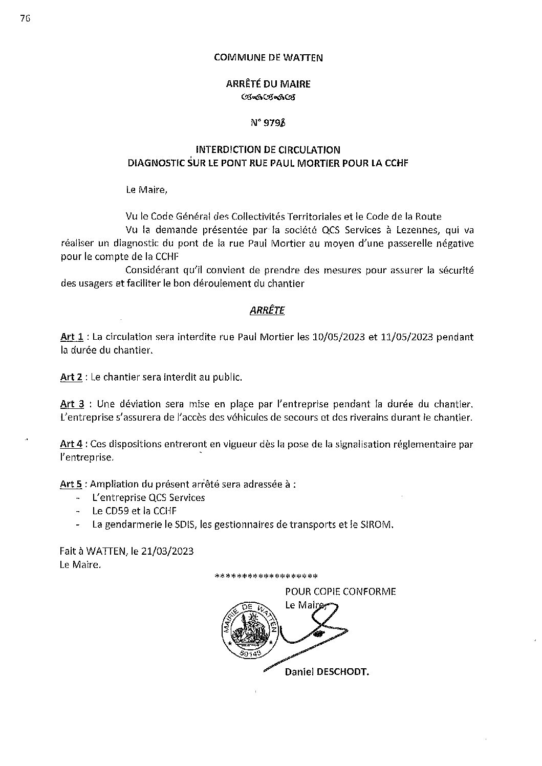 9798 arrêté du 21-03-2023 interdiction circulation pont rue P. Mortier diagnostic CCHF