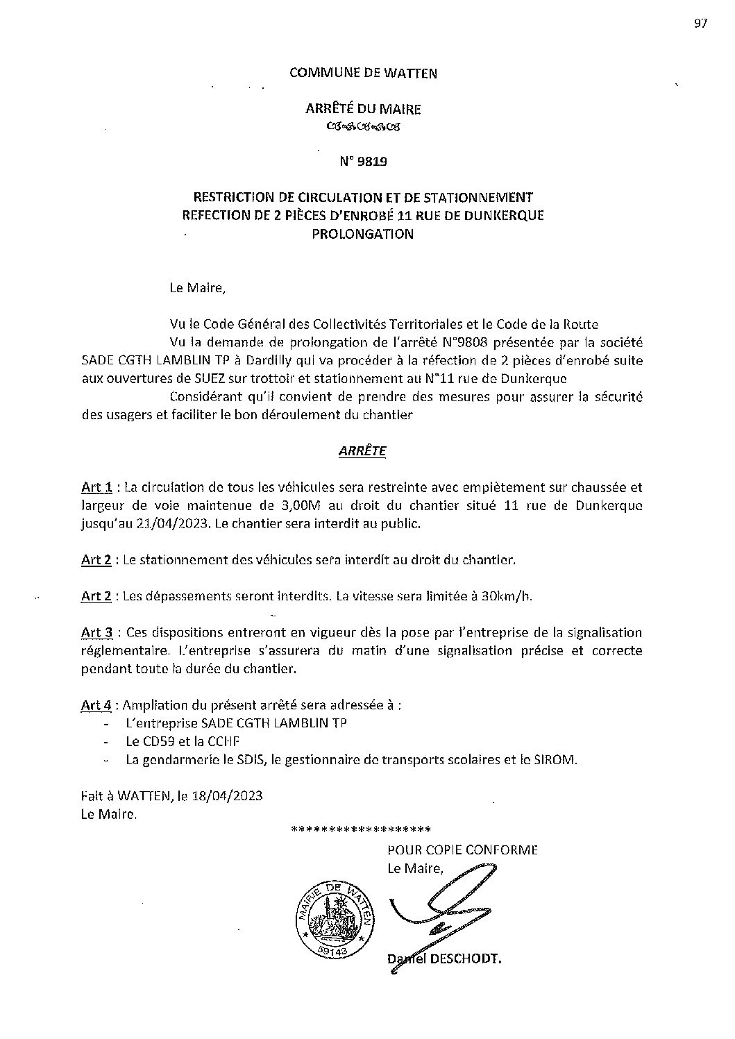 9819 arrêté du 18-04-2023 prolongation restriction circulation stationnement rue de Dunkerque