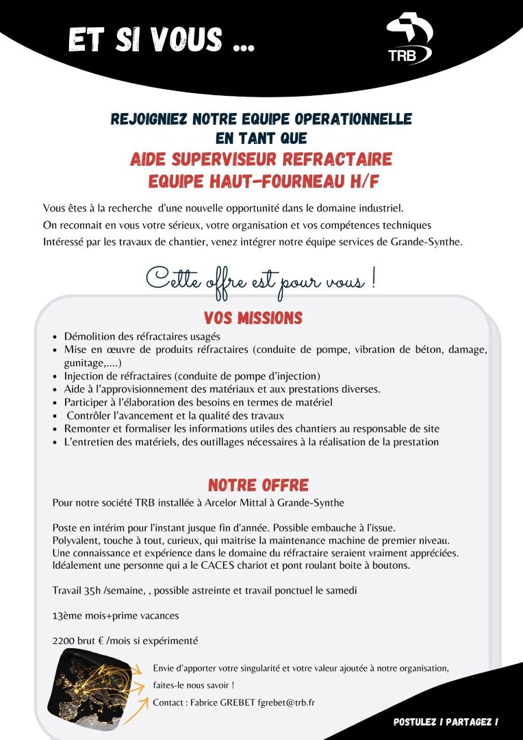 Offre d’emploi: TRB à Arcellor Mittal (Grande-Synthe)