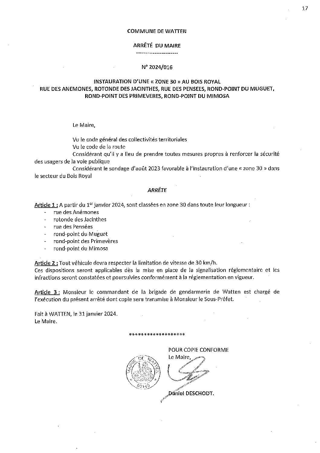 2024-016 arrêté du 31-01-2024 instauration zone 30kmh au Bois Royal