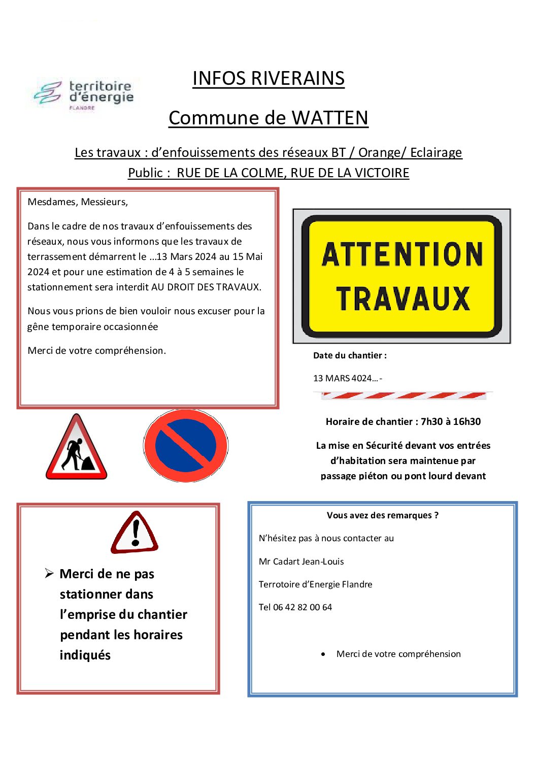 Courrier d'information travaux rue de la Colme et de la Victoire au 13 mars 2024