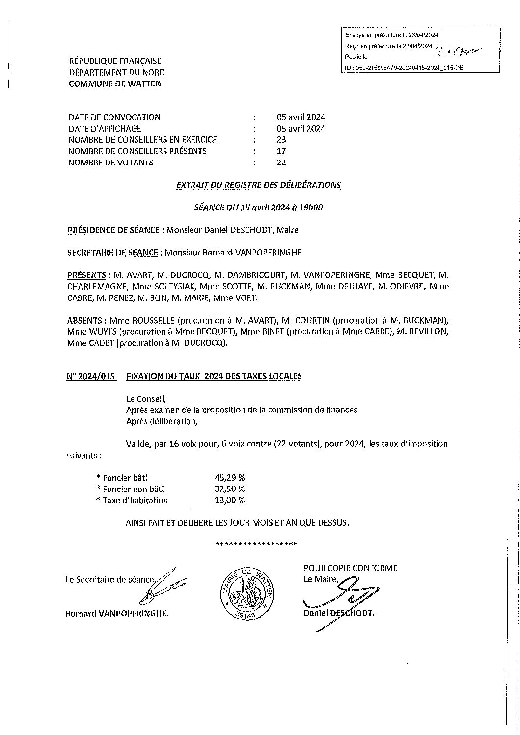 2024-015 Taux 2023 des taxes locales