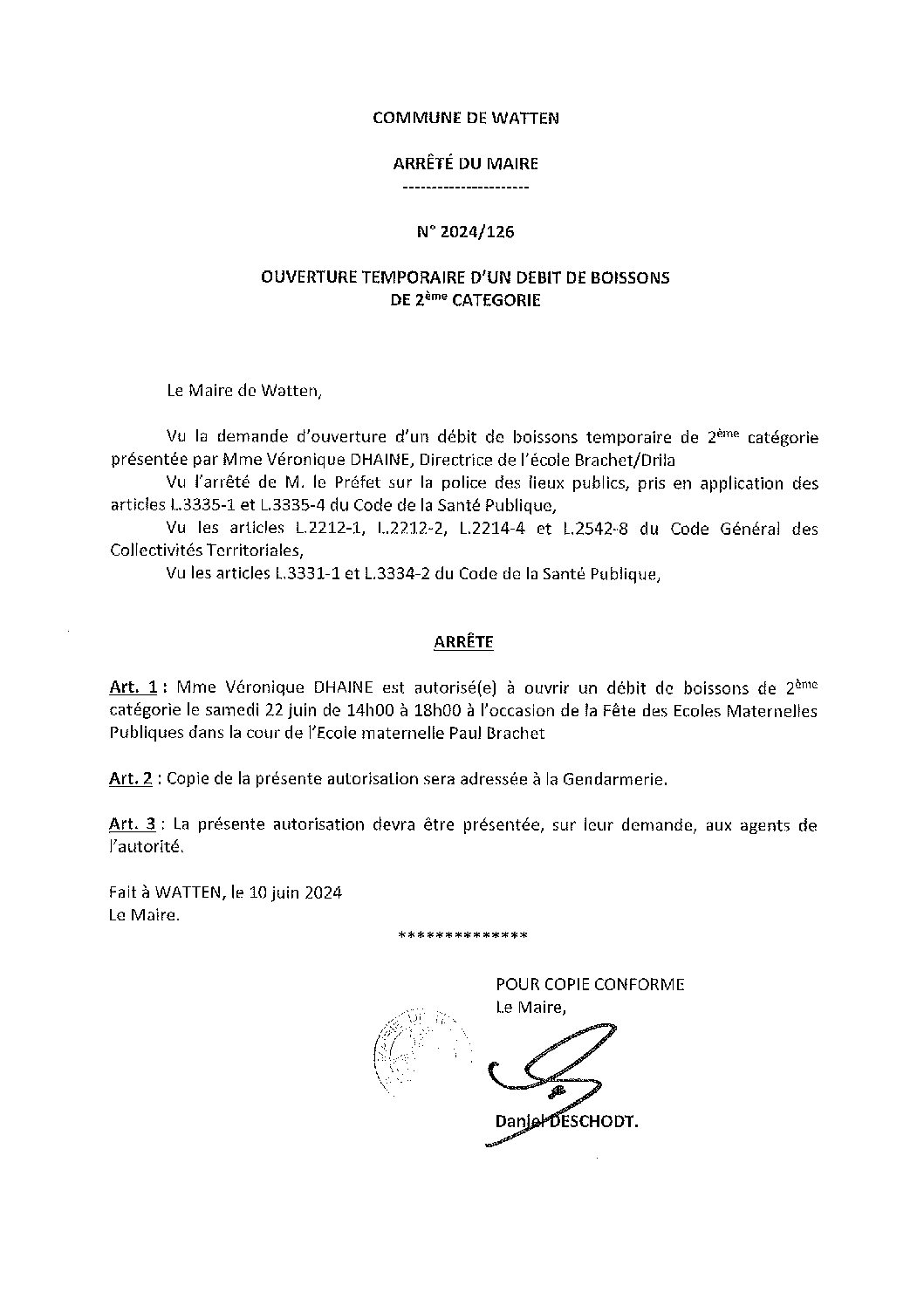 2024-126 arrêté du 10-06-2024 débit de boissons fête école maternel Brachet-Drila