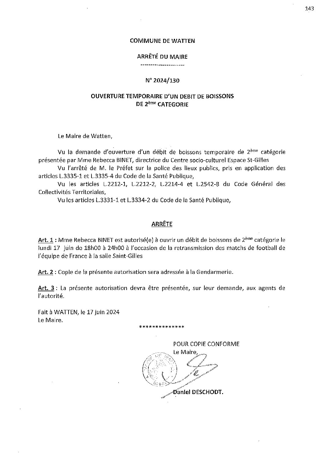 2024-130 arrêté du 17-06-2024 débit de boissns retransmissions match football CSCW