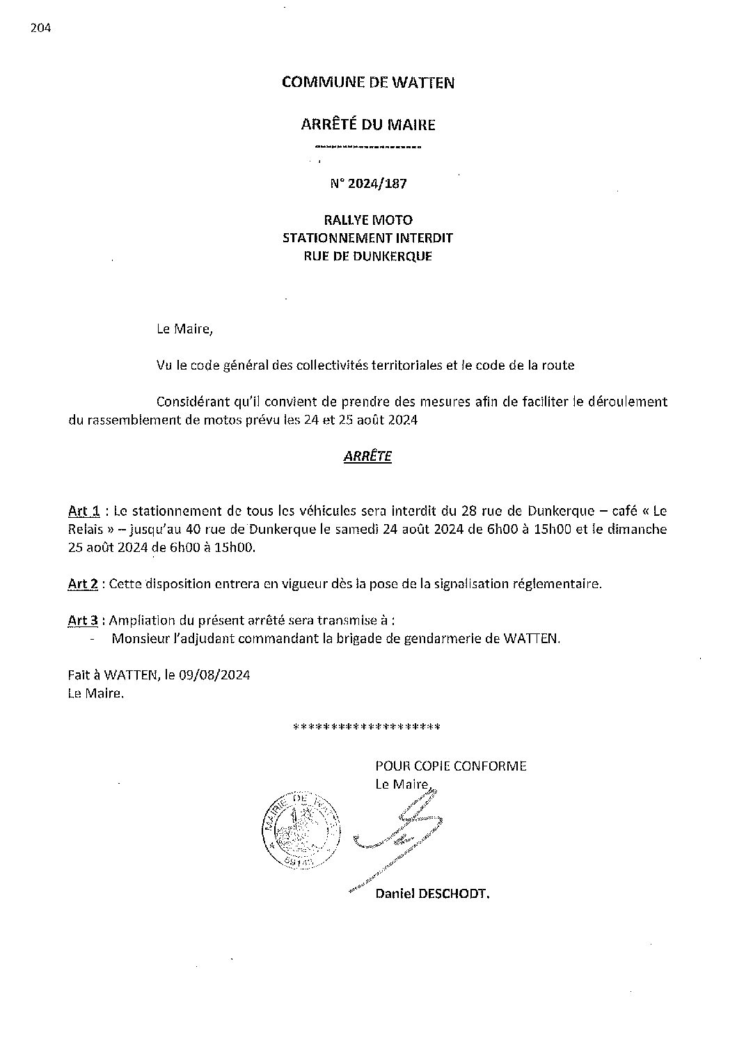 2024-187 arrêté du 09-08-2024 stationnement interdit rue de Dunkerque rallye moto