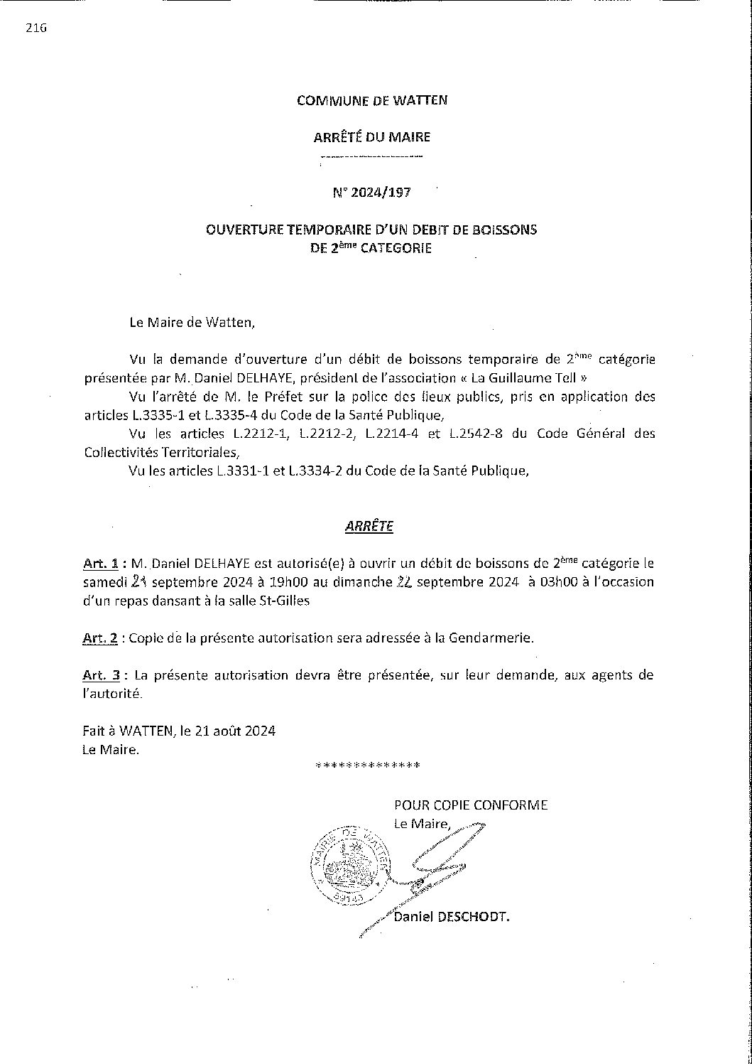 2024-197 arrêté du 21-08-2024 débit de boissons La Guillaume Telle repas dansant modif
