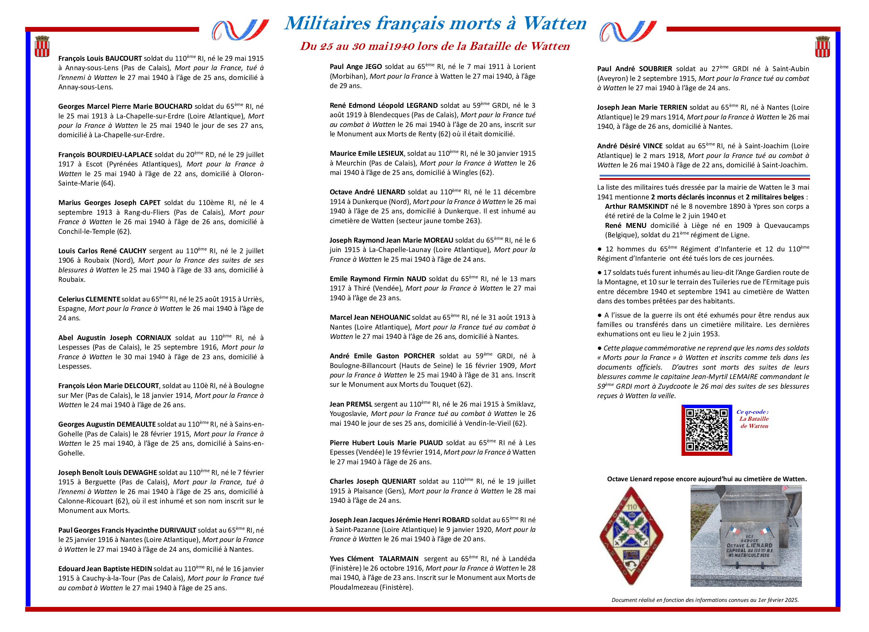 PANNEAU Militaires français tués à Watten en 1940 version revue 17 02 2025