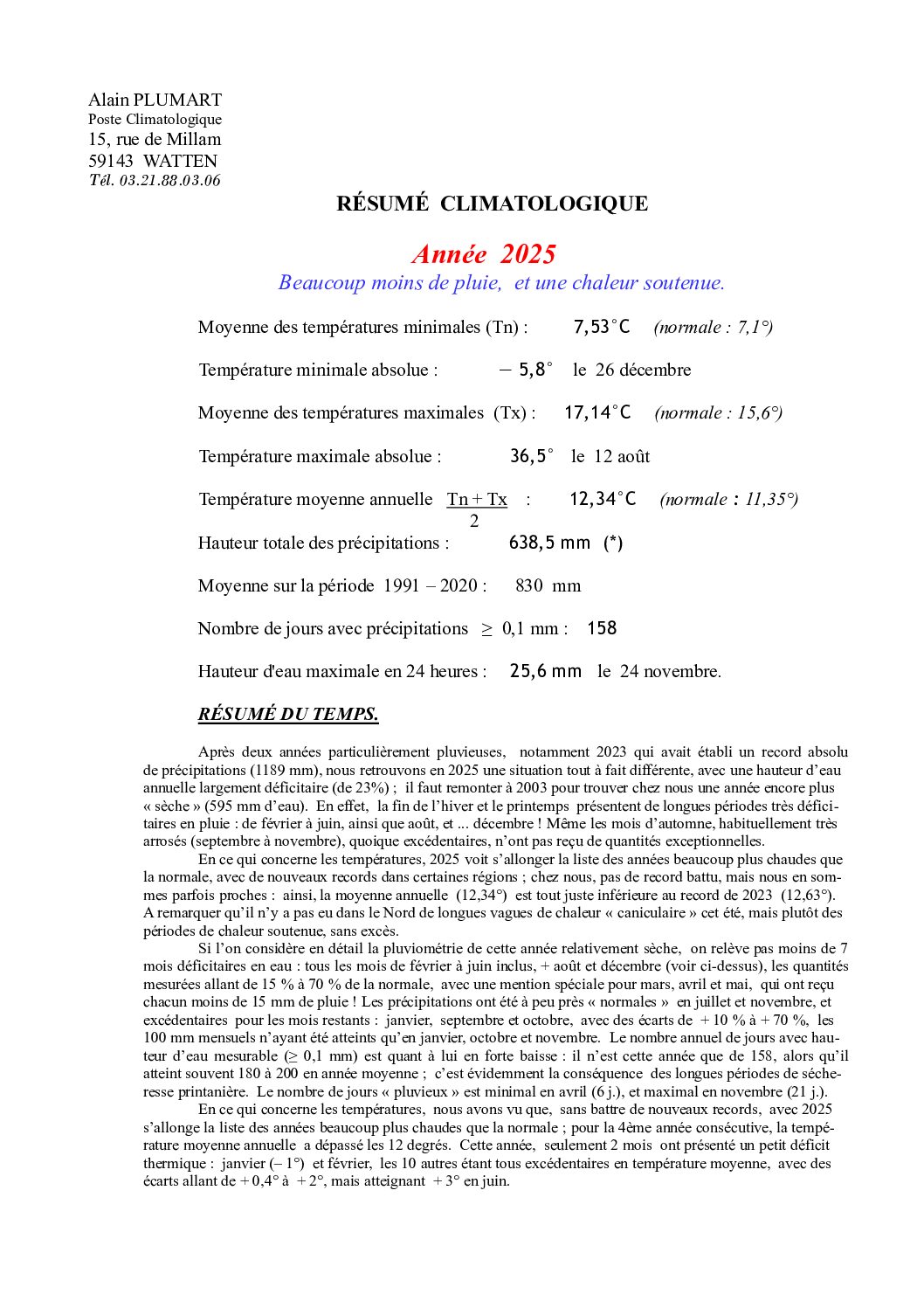 Résumé climatologique de l'année 2025 à Watten