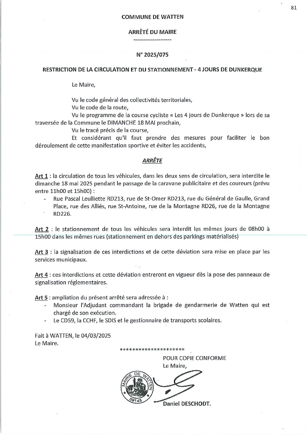 2025-075 arrêté du 04-03-2025 restriction circulation stationnement passage 4j Dunkerque à Watten