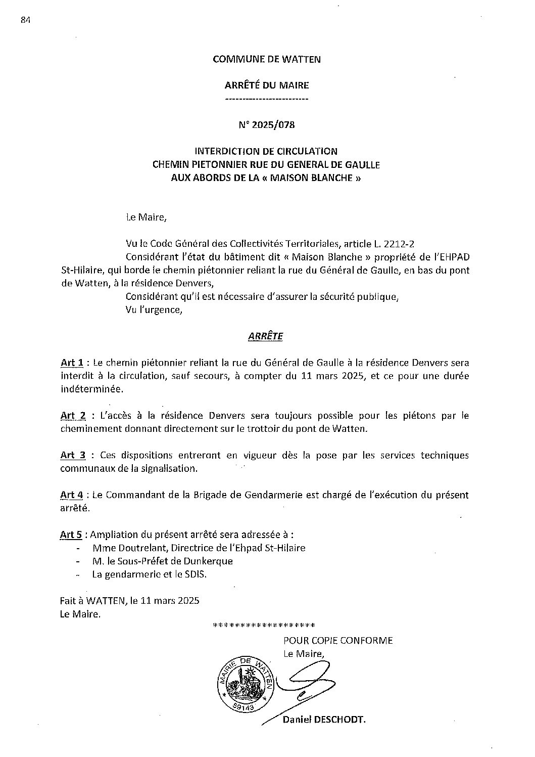 2025-078 arrêté du 11-03-2025 interdiction circulation chemin piéton Maison Blanche