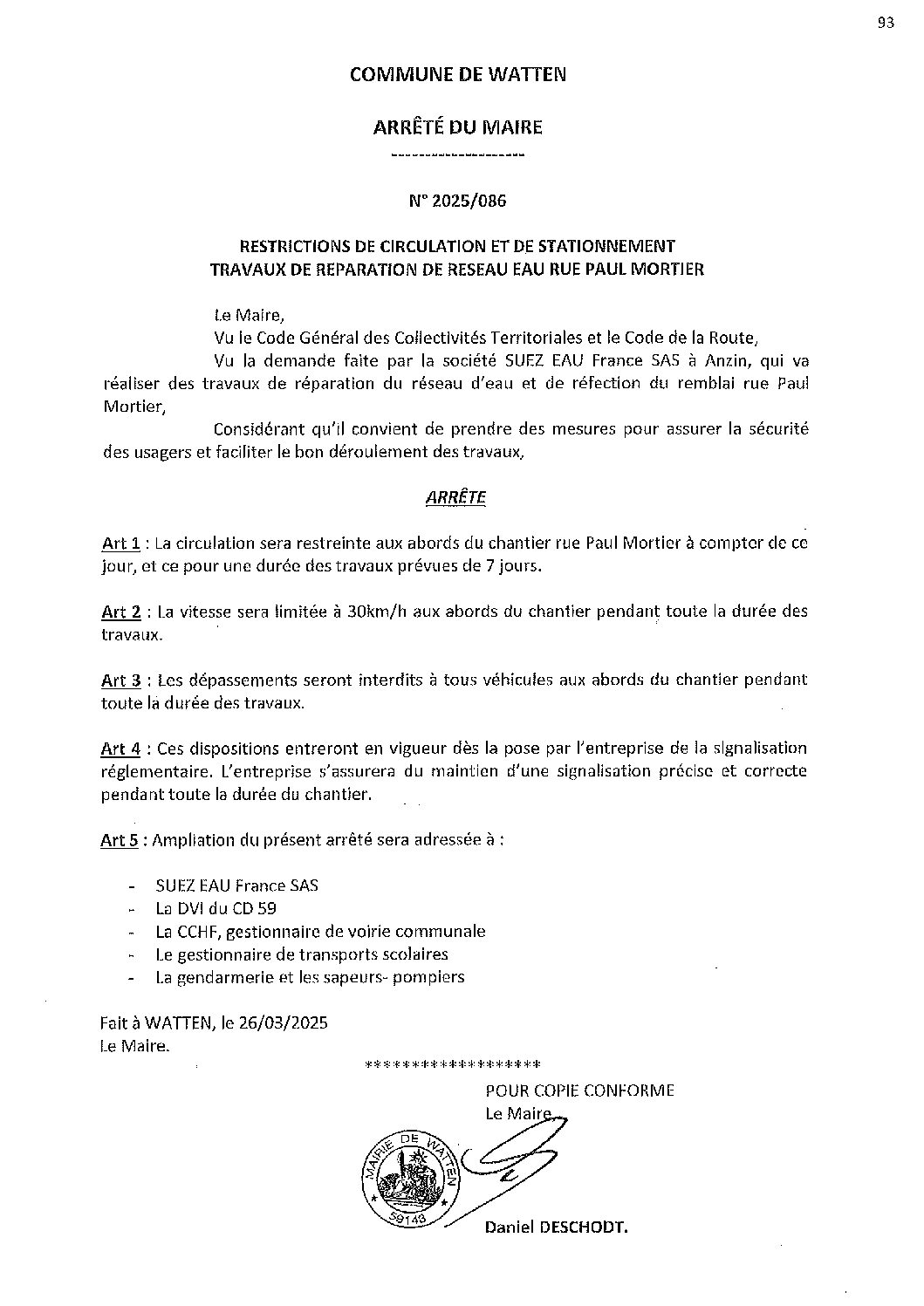 2025-086 arrêté du 26-03-2025 restrictions circulation stationnement réparation eau rue P. Mortier
