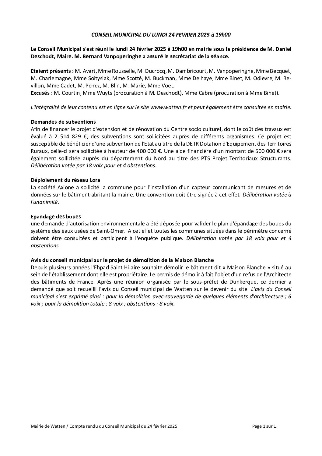 Compte rendu du conseil municipal du 24 février 2025