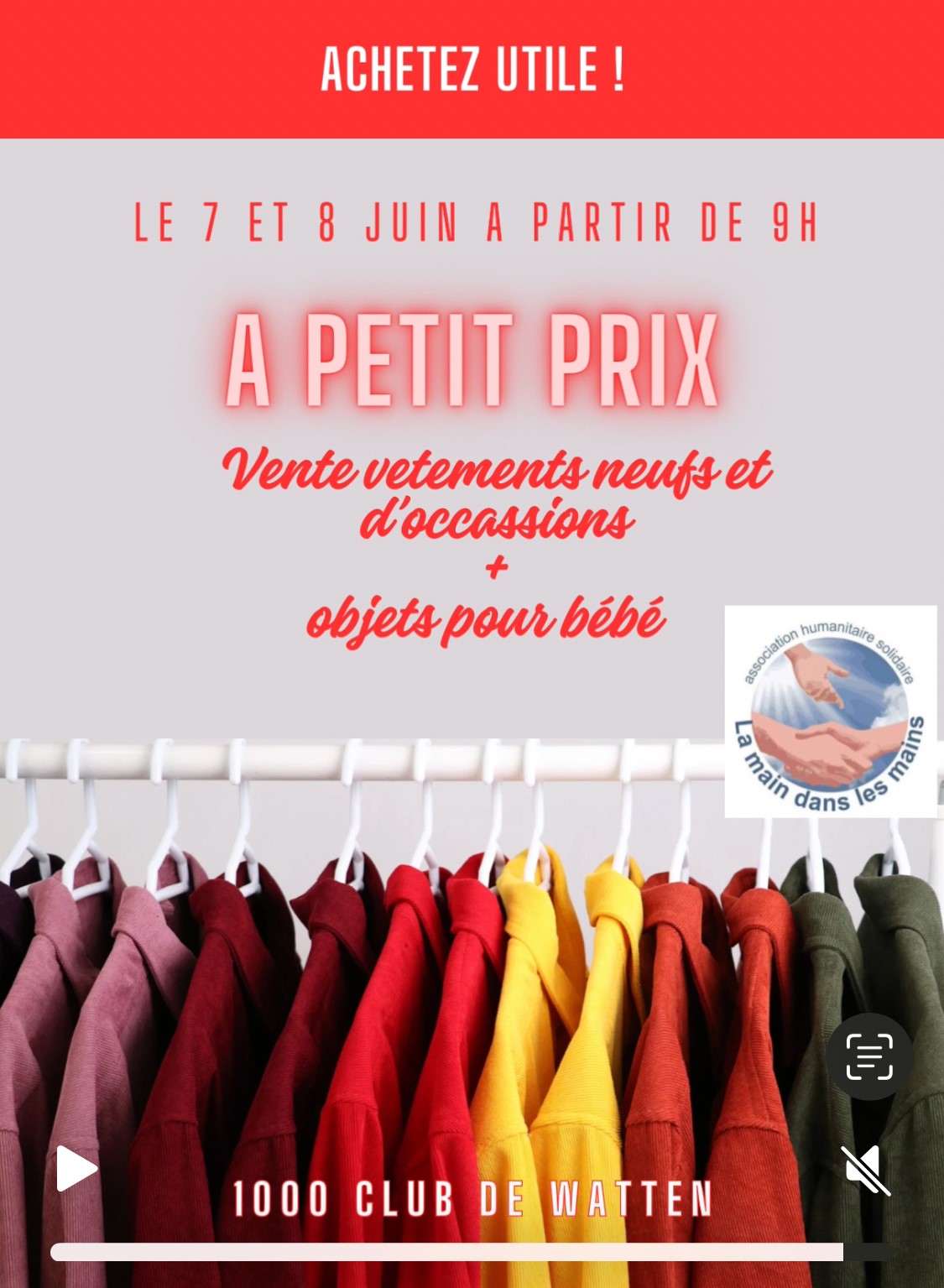 Vente de vêtements neufs et objets à petit prix par La Main dans les Mains