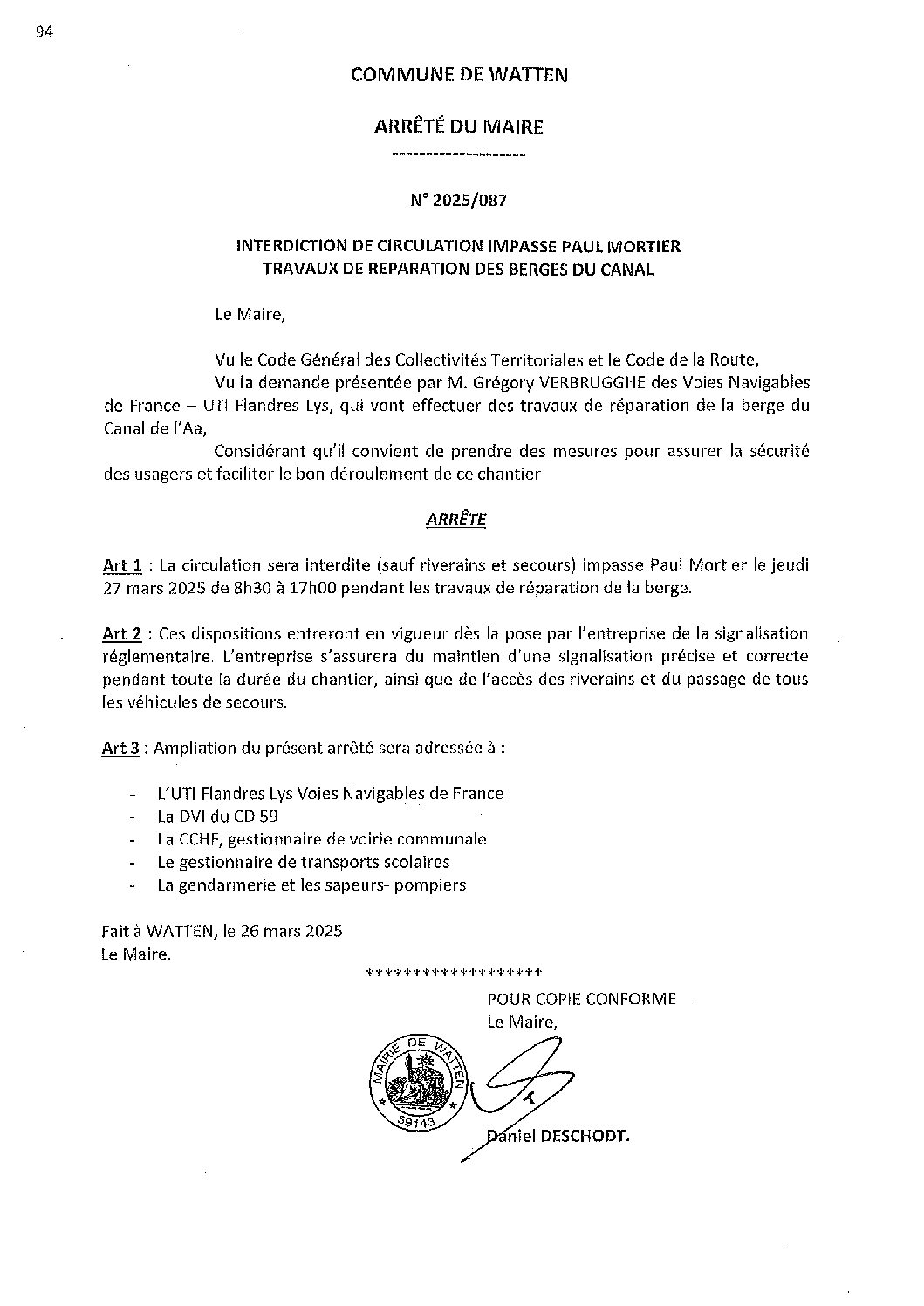 2025-087 arrêté du 26-03-2025 interdiction circulation impasse P. Mortier réparation berge canal
