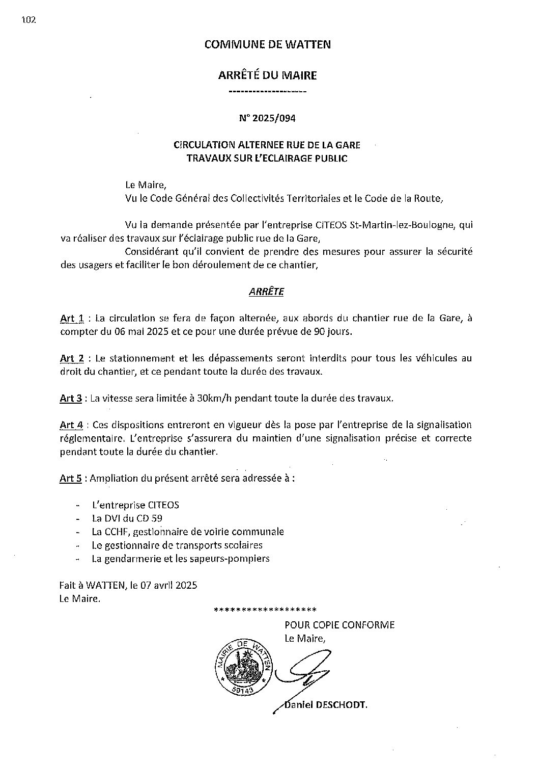 2025-094 arrêté du 07-04-2025 circulation alternée rue de la gare travaux éclairage public