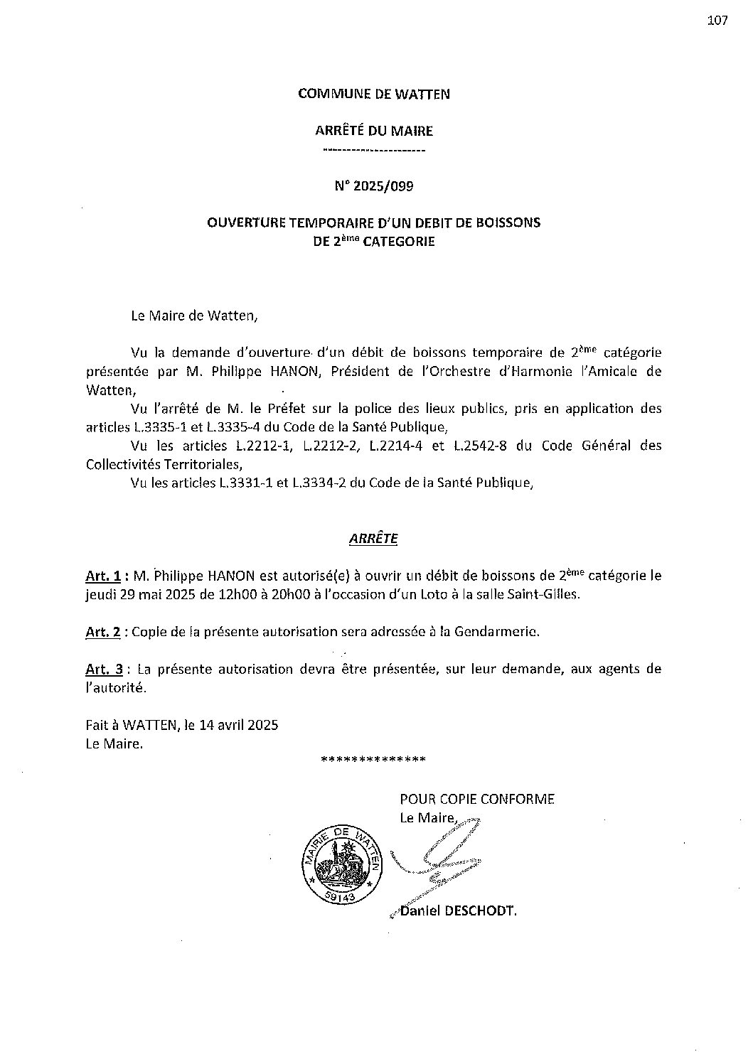 2025-099 arrêté du 14-04-2025 débit de boissons loto Harmonie