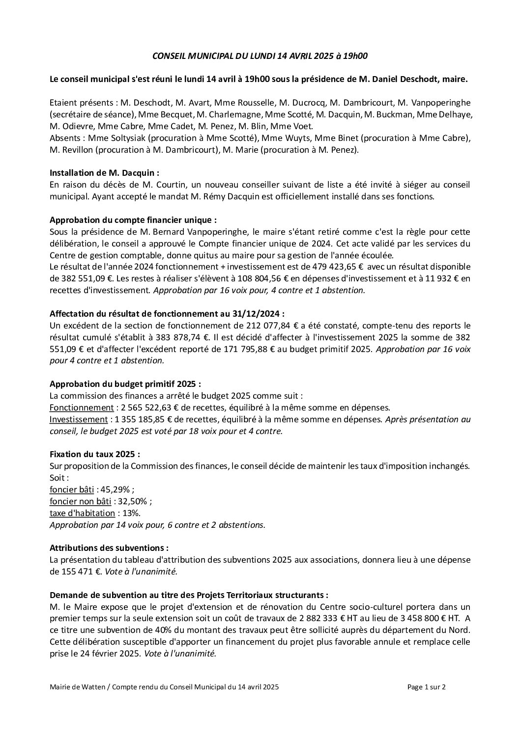 Compte rendu du conseil municipal du 14 avril 2025
