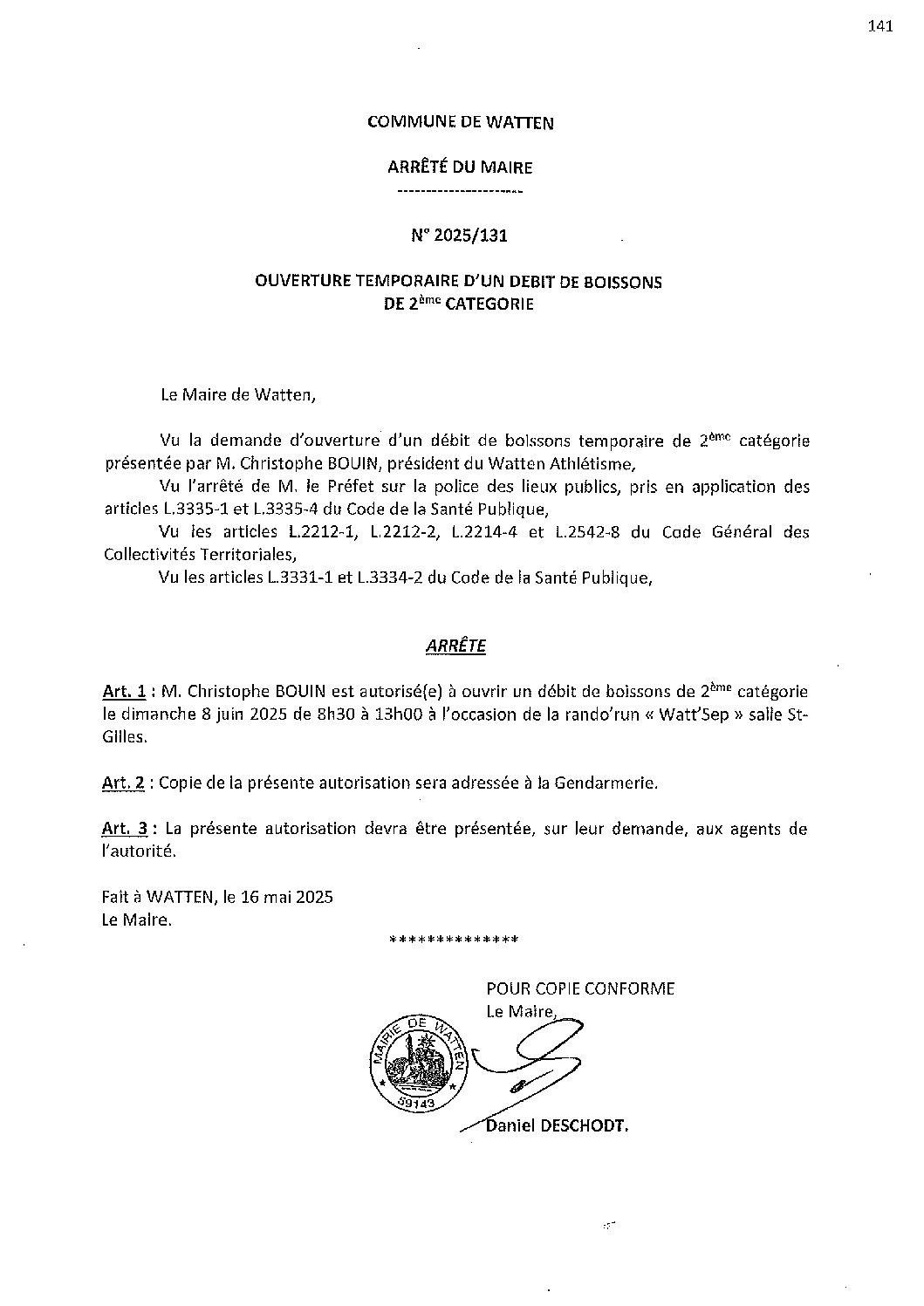 2025-131 arrêté du 16-05-2025 débit de boissons Watten Athlétisme Rando Run Watt Sep salle St-Gilles