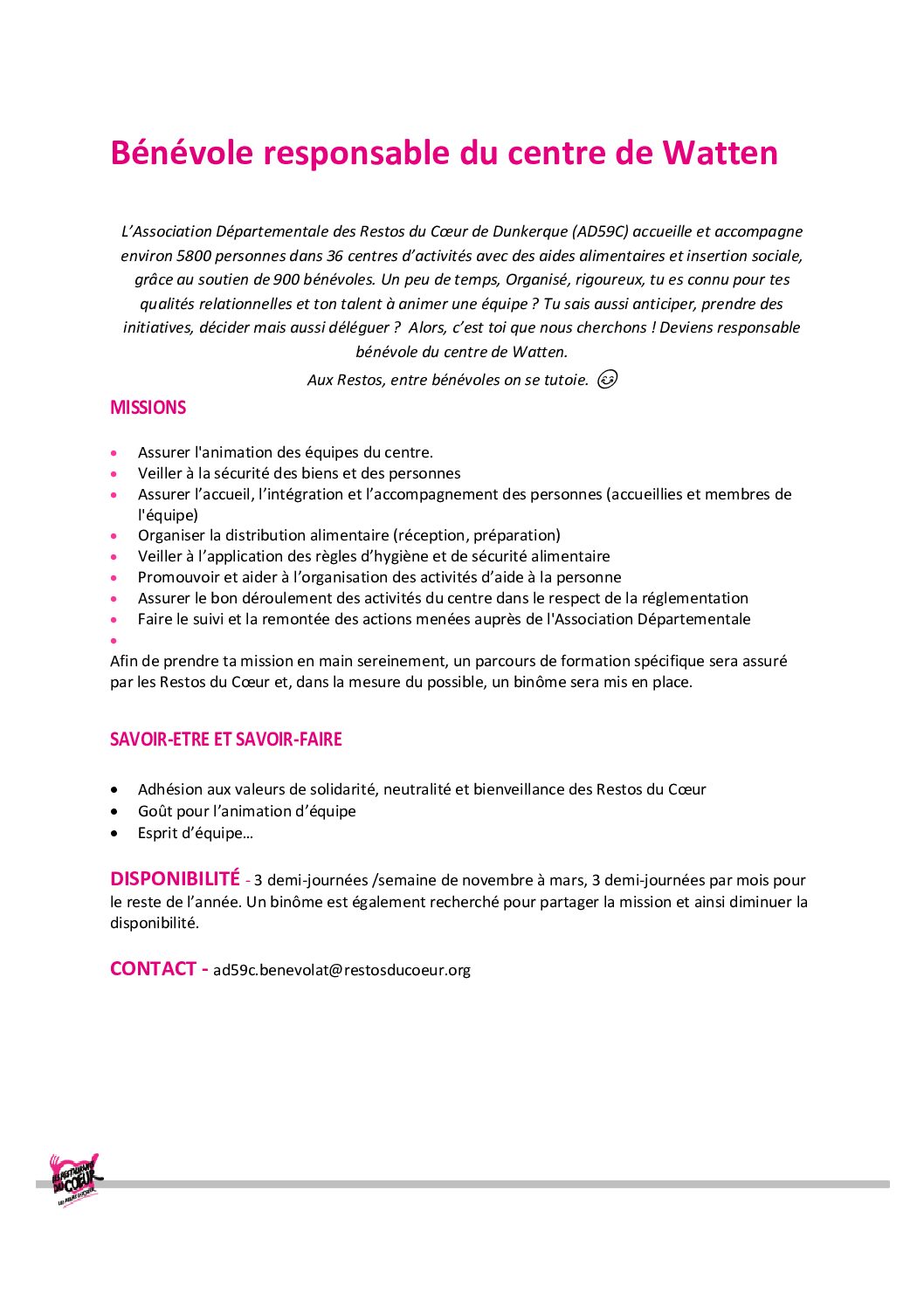 Bénévole responsable de centre Watten