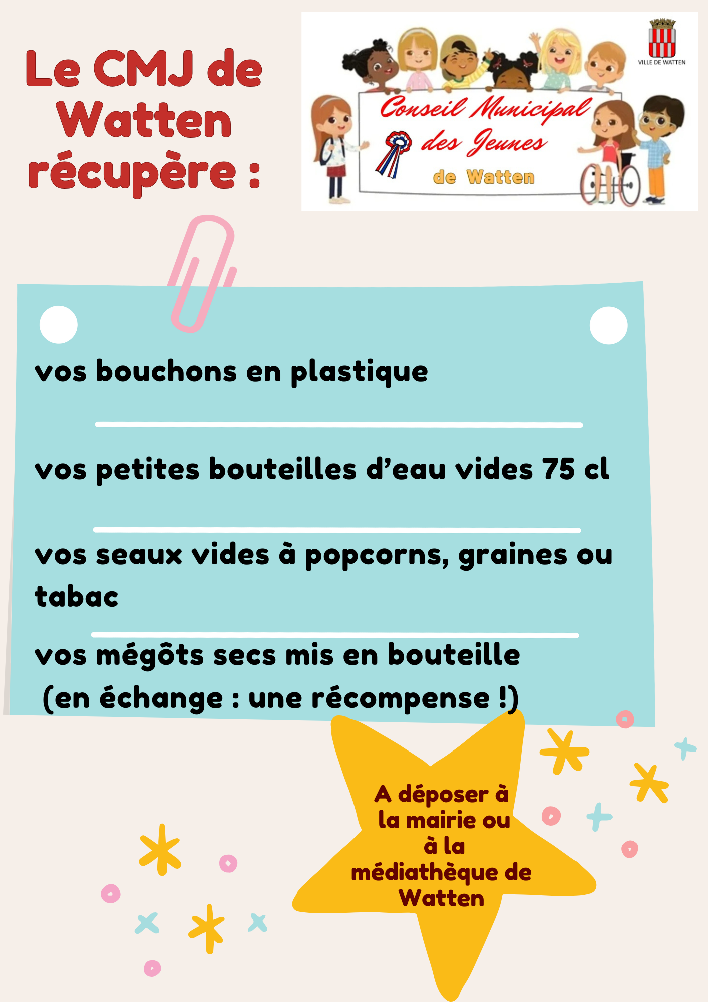 Le Conseil Municipal des Jeunes et Watten propre récupèrent les bouchons, petites bouteilles, seaux vides et mégots