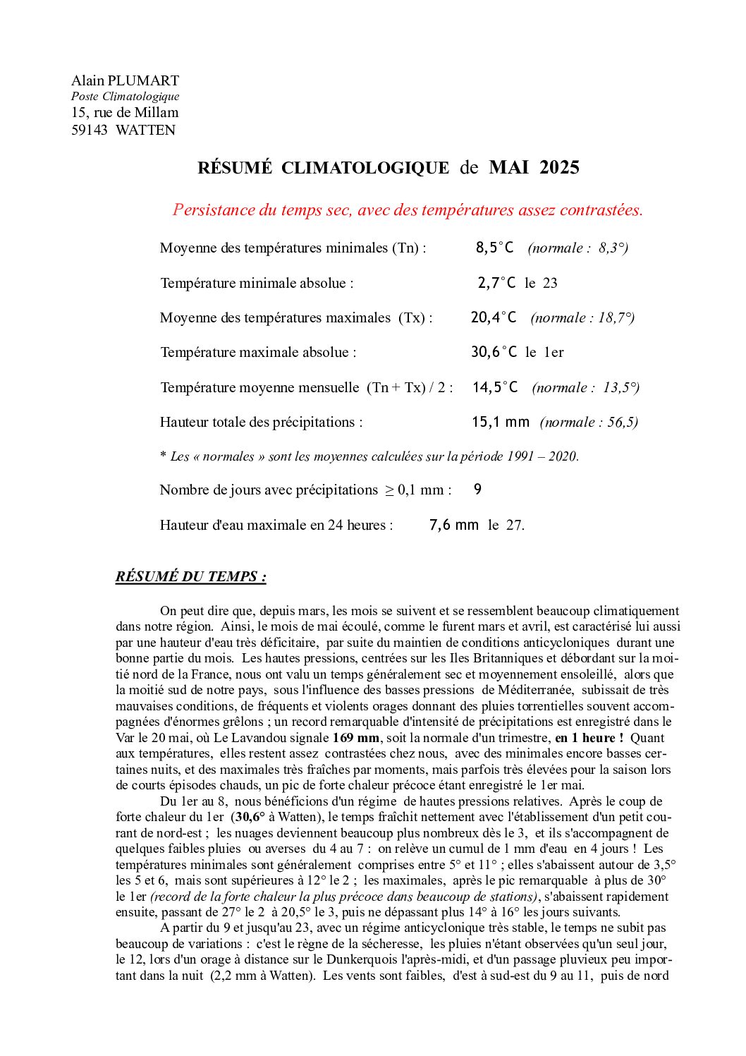 Résumé climatologique de mai 2025 à Watten