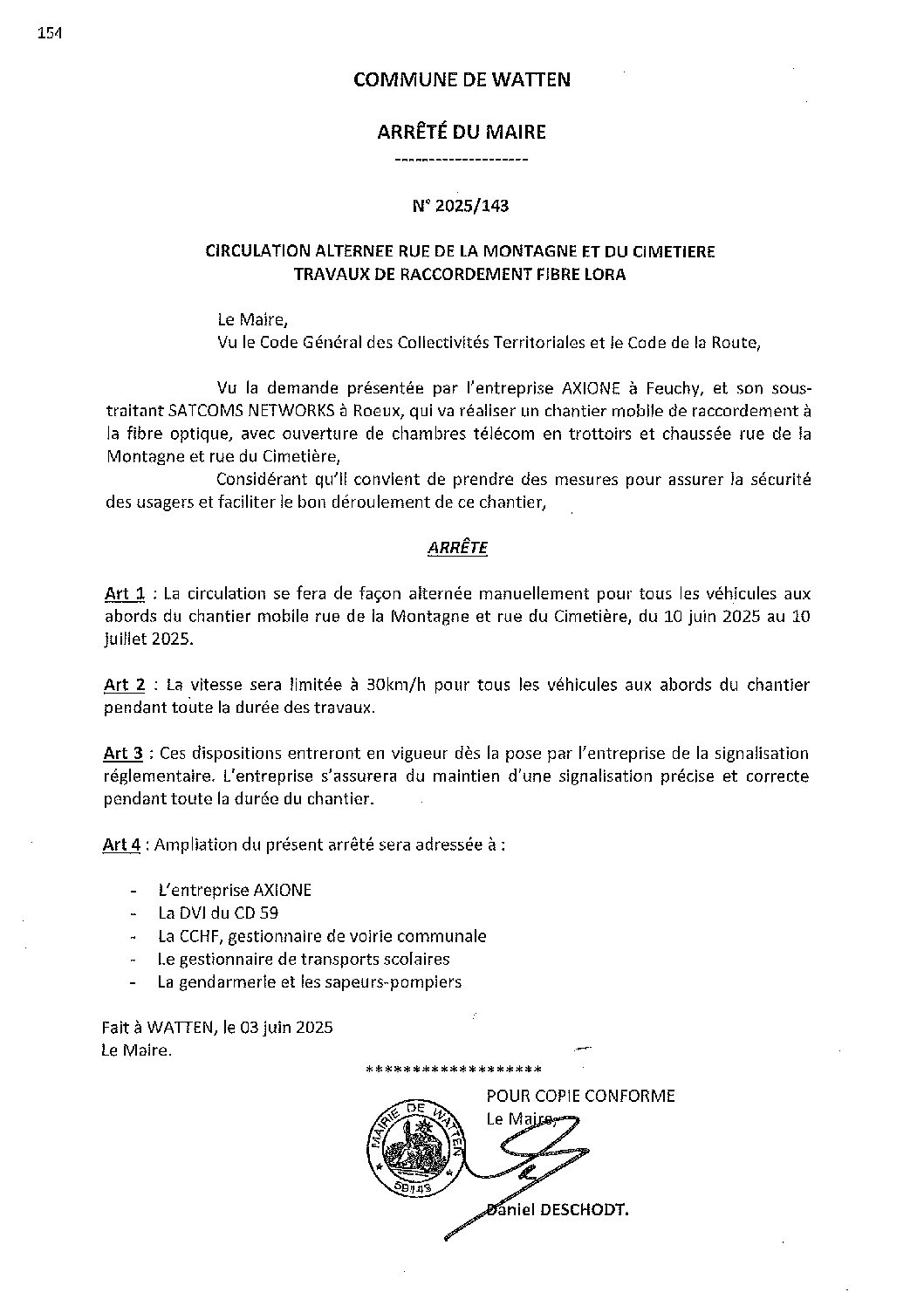 2025-143 arrêté du 03-06-2025 circulation alternée rue de la Montagne travaux fibre LORA