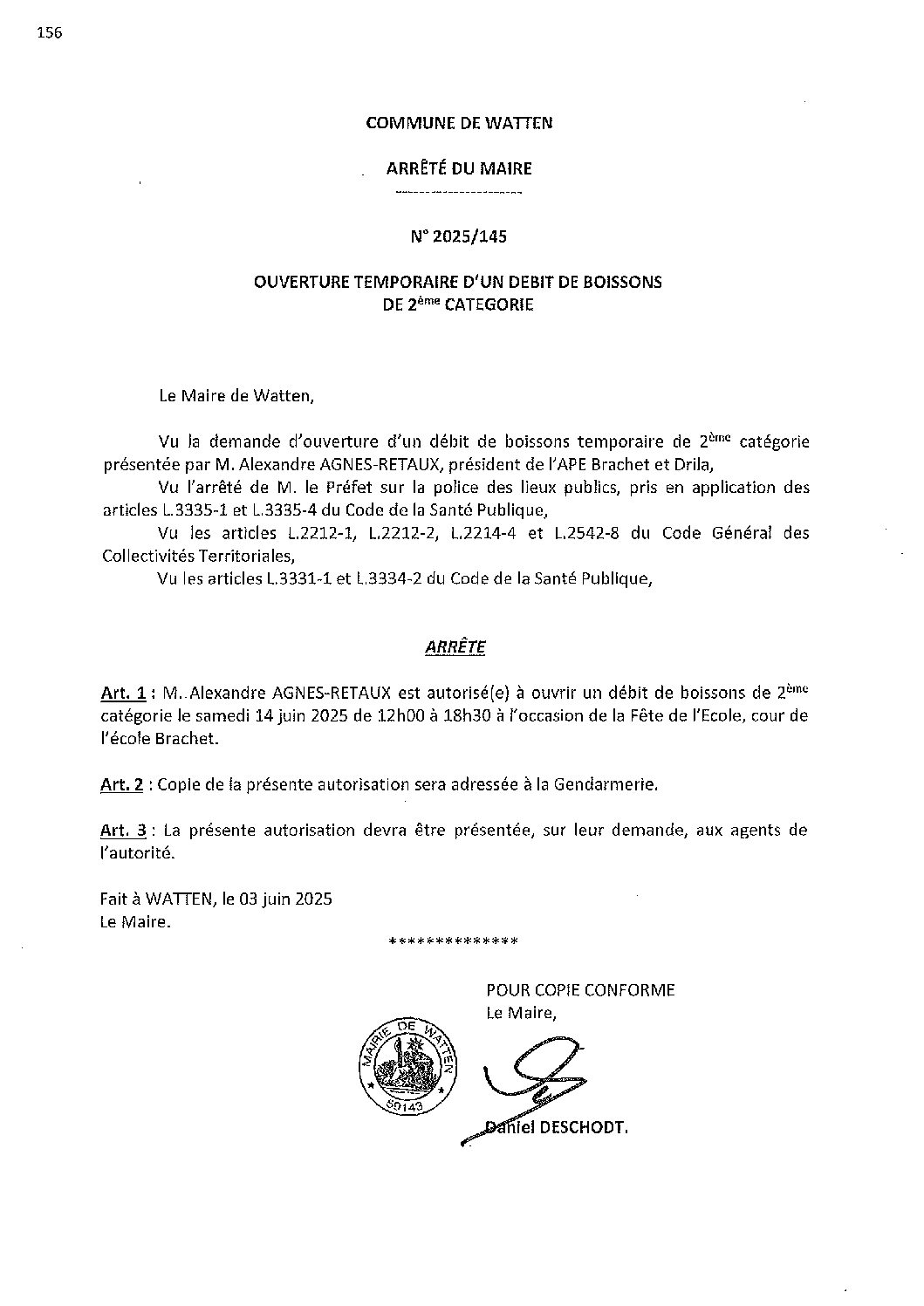 2025-145 arrêté du 03-06-2025 débit de boisson APE Brachet Drila fête école