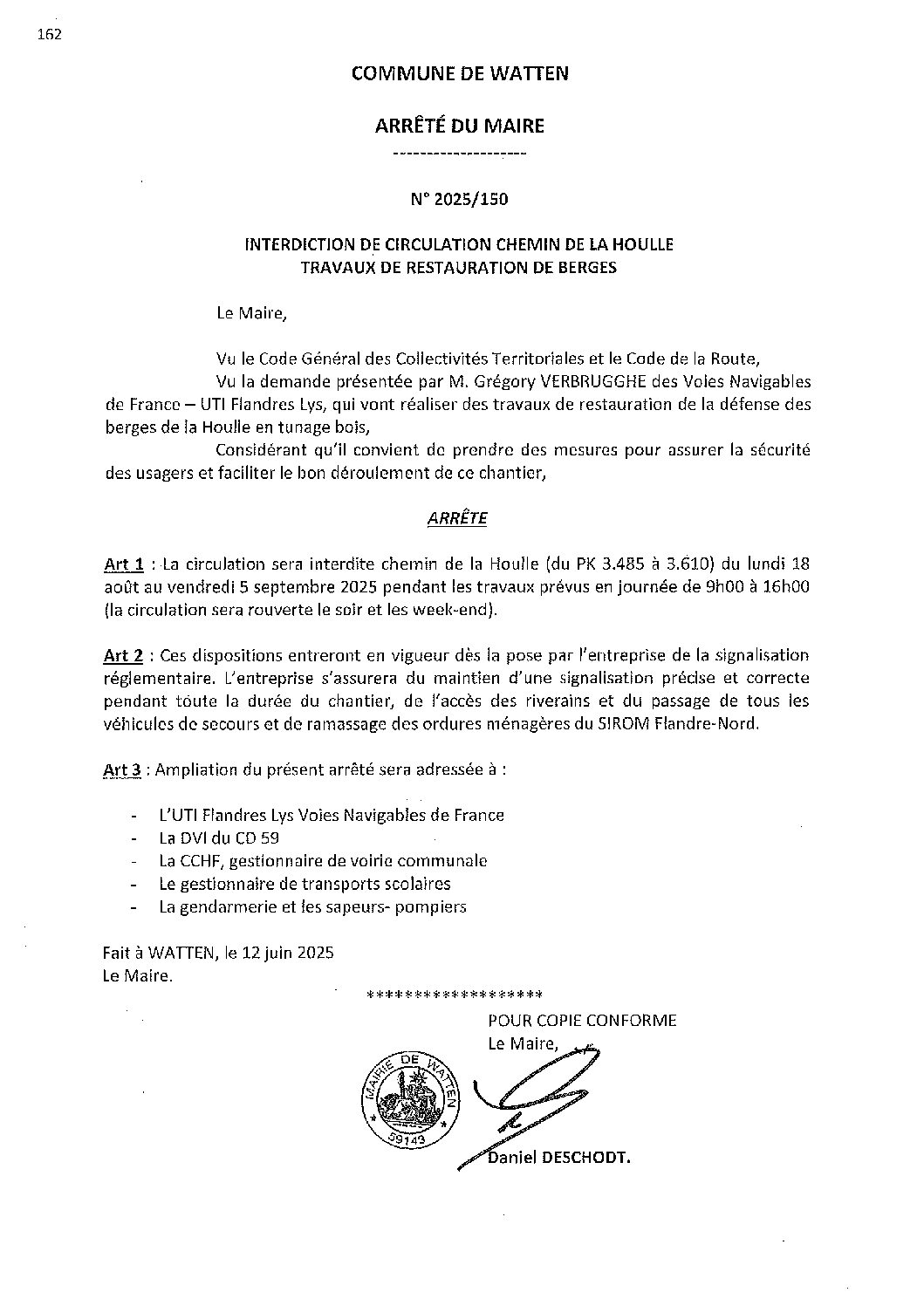 2025-150 arrêté du 12-06-2025 interdiction circulation chemin de la Houlle tunage berges
