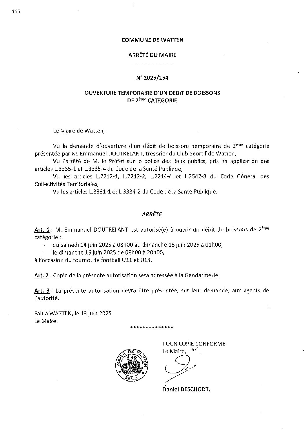 2025-154 arrêté du 13-06-2025 débit de boissons CS Watten tournoi U11 U15