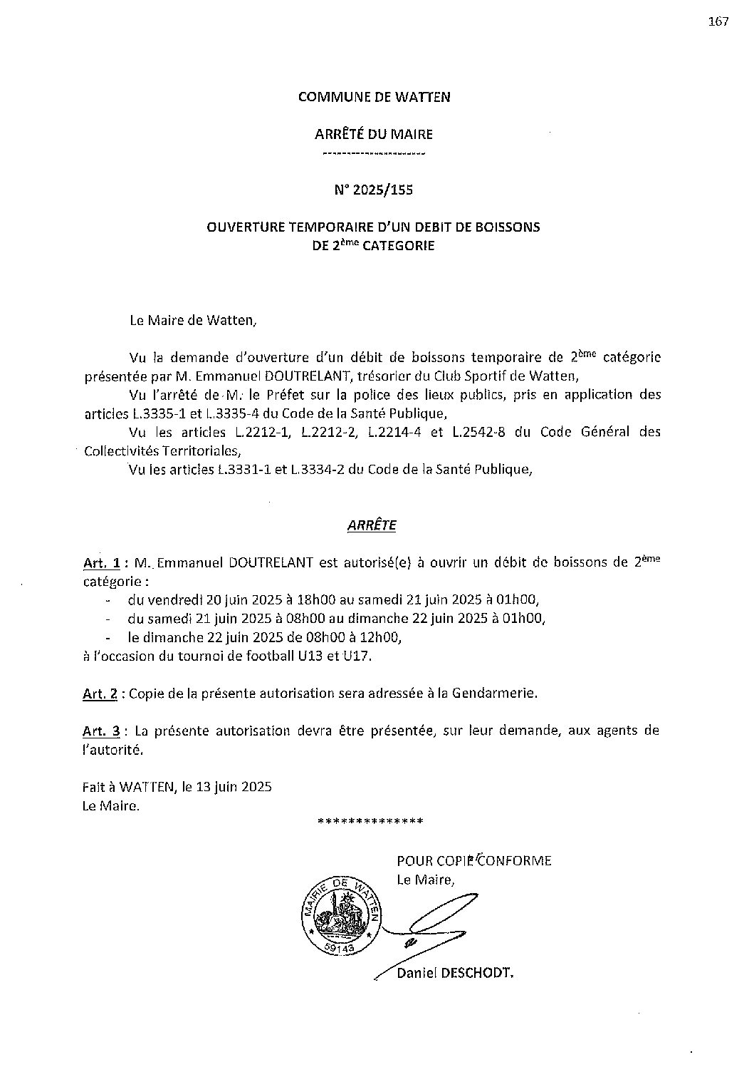 2025-155 arrêté du 13-06-2025 débit de boissons CS Watten tournoi U13 U17