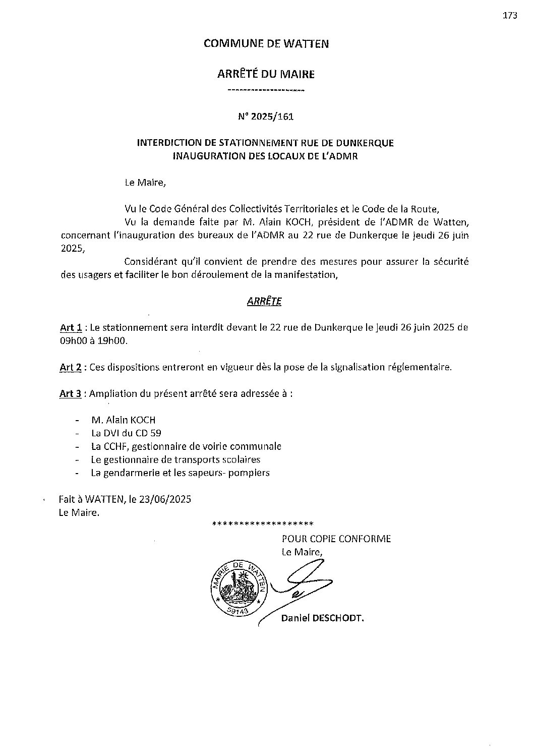 2025-161 arrêté du 23-06-2025 interdiction stationnement 22 rue de Dunkerque