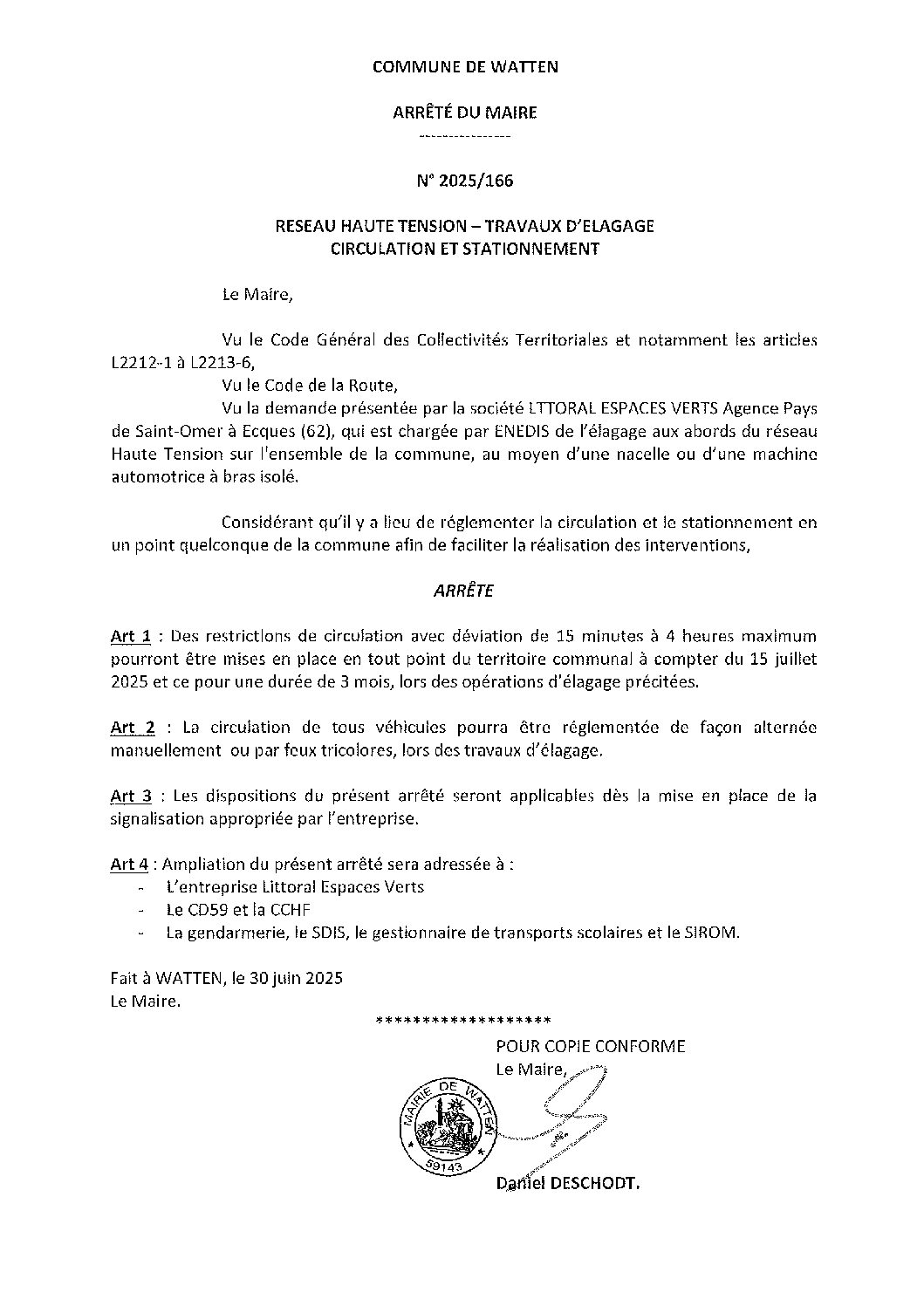2025-166 arrêté du 30-06-2025 restrictions circulation stationnement travaux élagage HTA