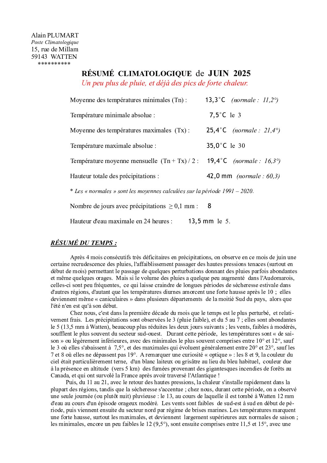 Résumé climatologique de juin 2025 à Watten