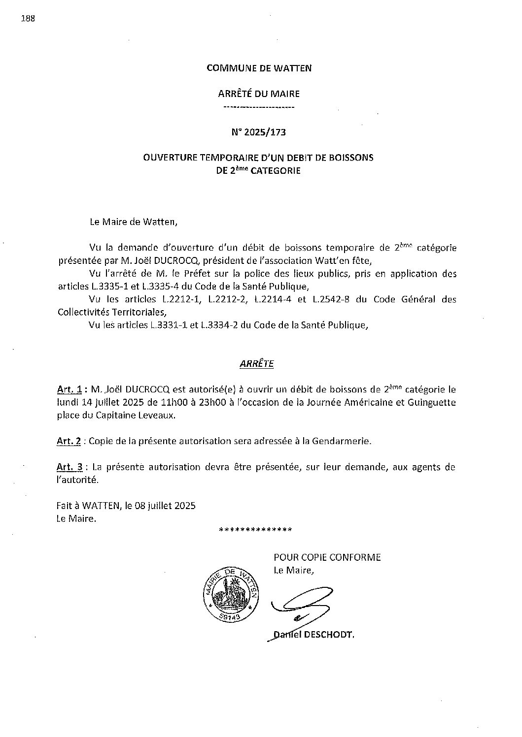 2025-173 arrêté du 08-07-2025 débit de boissons Watt’en fête Journée Américaine et Guinguette