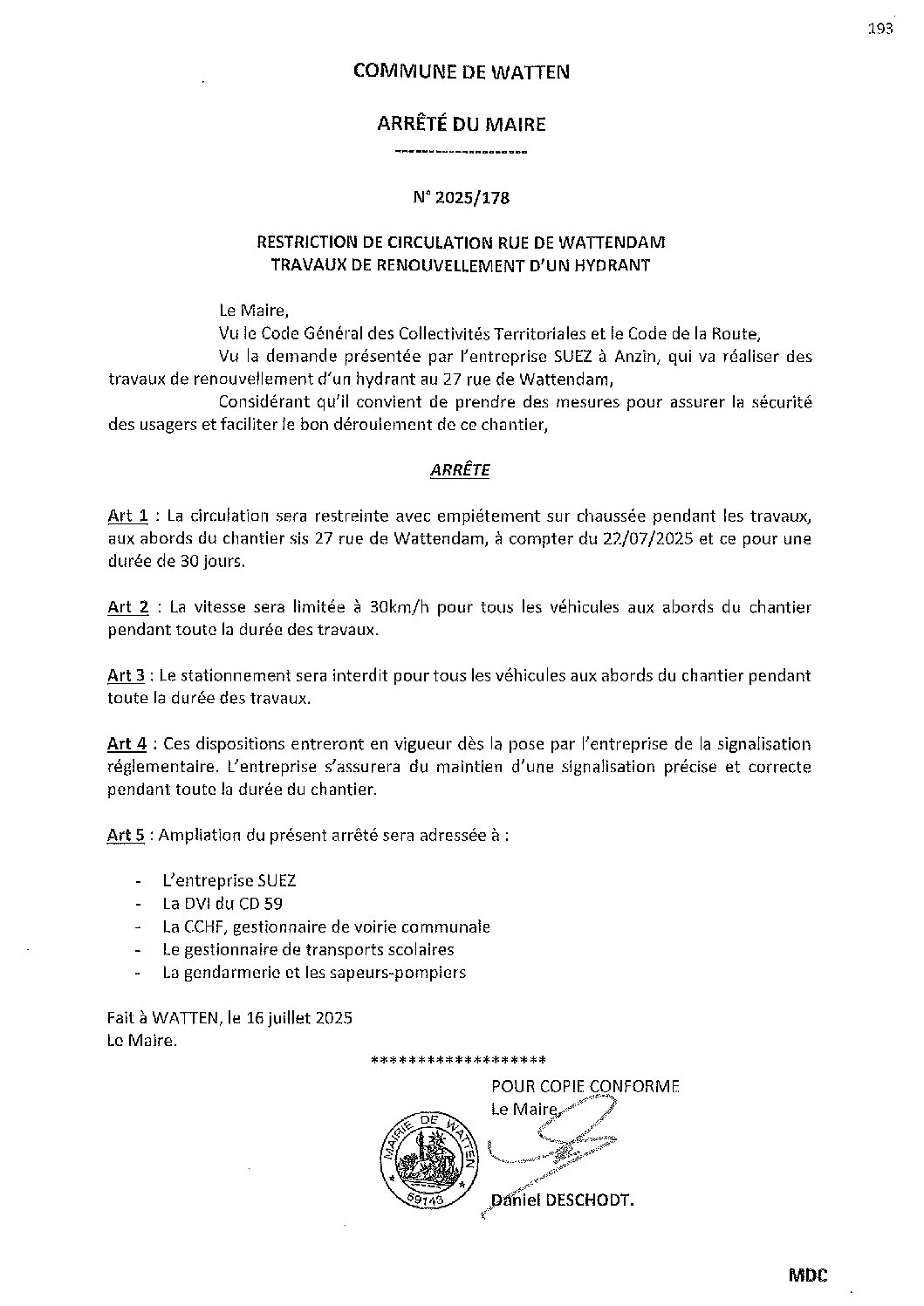 2025-178 arrêté du 16-07-2025 restriction circulation rue de Wattendam travaux Suez
