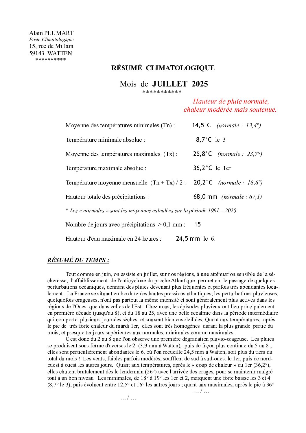 Résumé climatologique de juillet 2025 à Watten