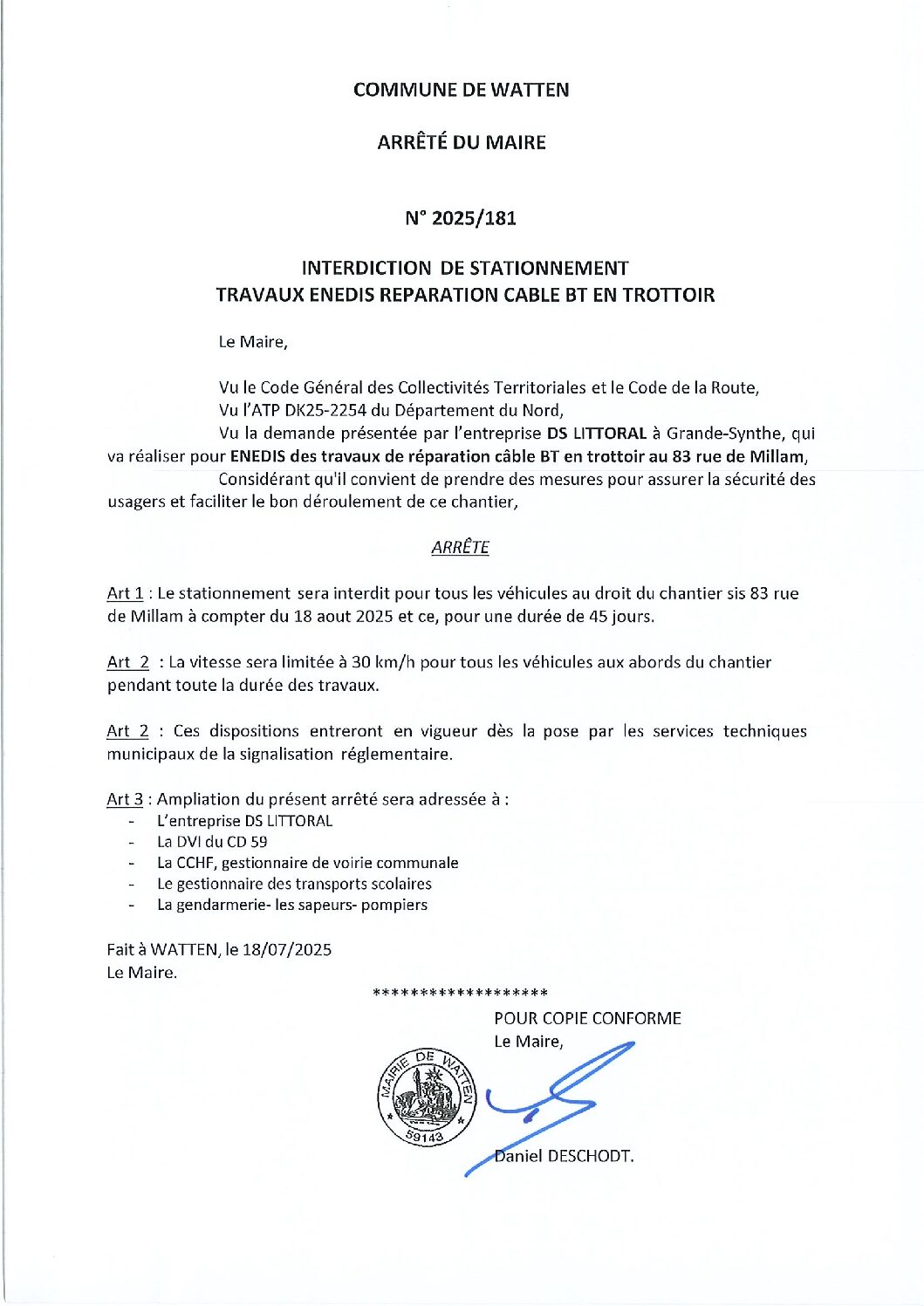 2025-181 travaux Enedis 83 rue de Millam 18 aout 2025