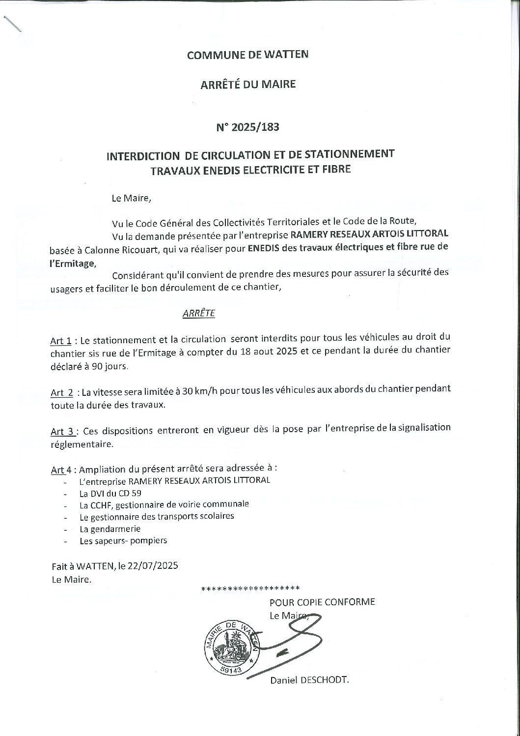 2025-183 arrêté du 22-07-2025 interdiction stationnement rue Ermitage Enedis