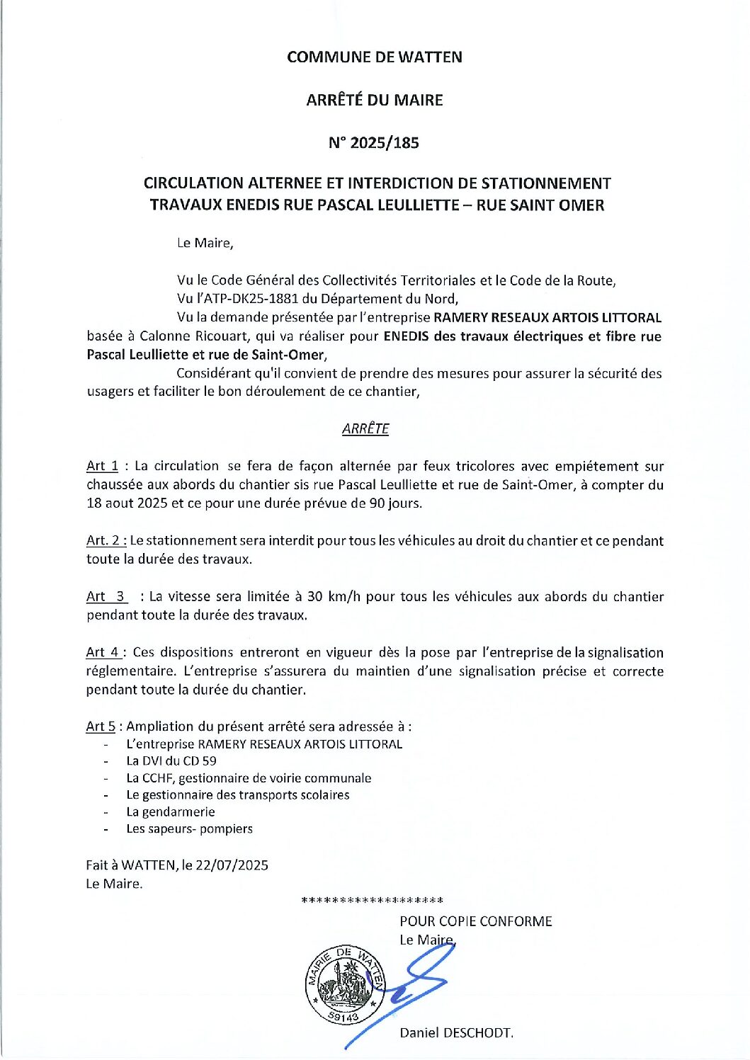 2025-185 – arrêté du 22-0-2025 restriction circulation rue P Leulliette et St omer Enedis