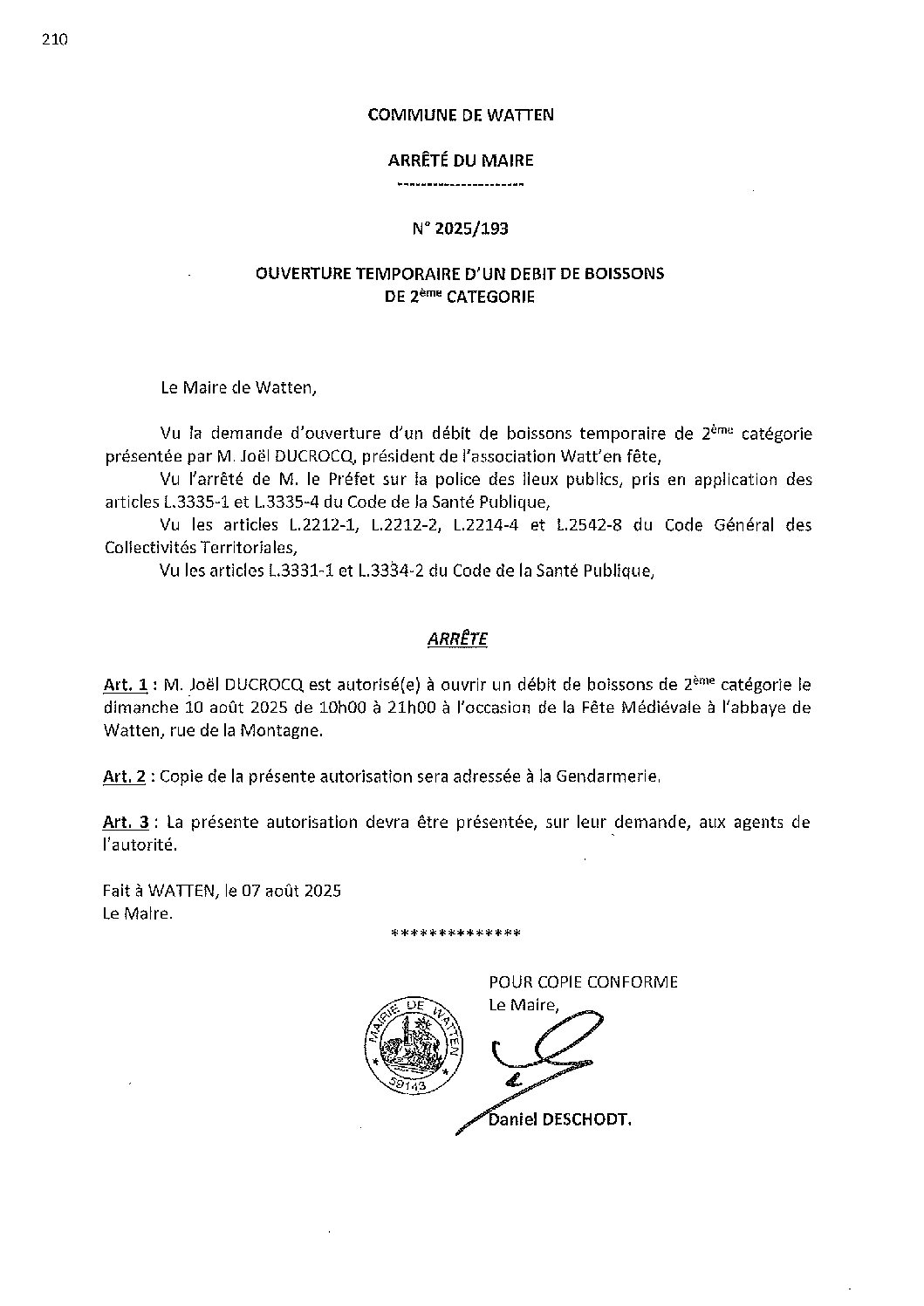 2025-193 arrêté du 07-08-2025 débit de boissons fête médiévale 10 août 2025