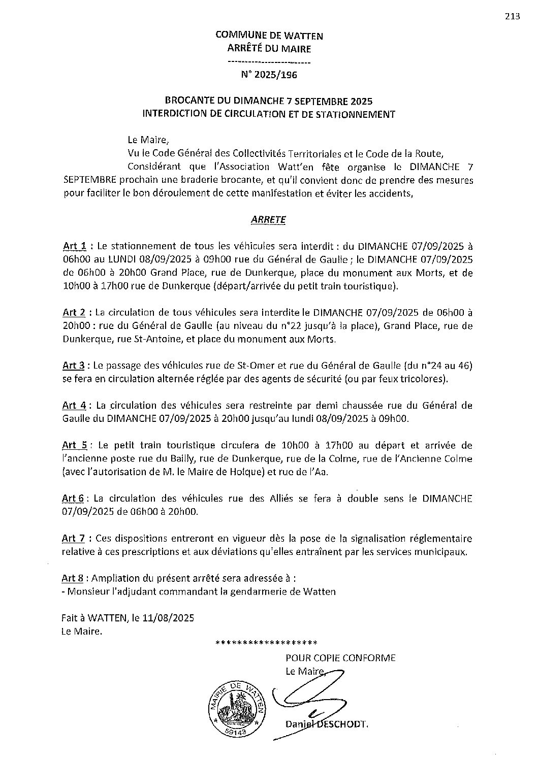 2025-196 arrêté du 11-08-2025 interdiction circulation stationnement brocante 7 septembre 2025