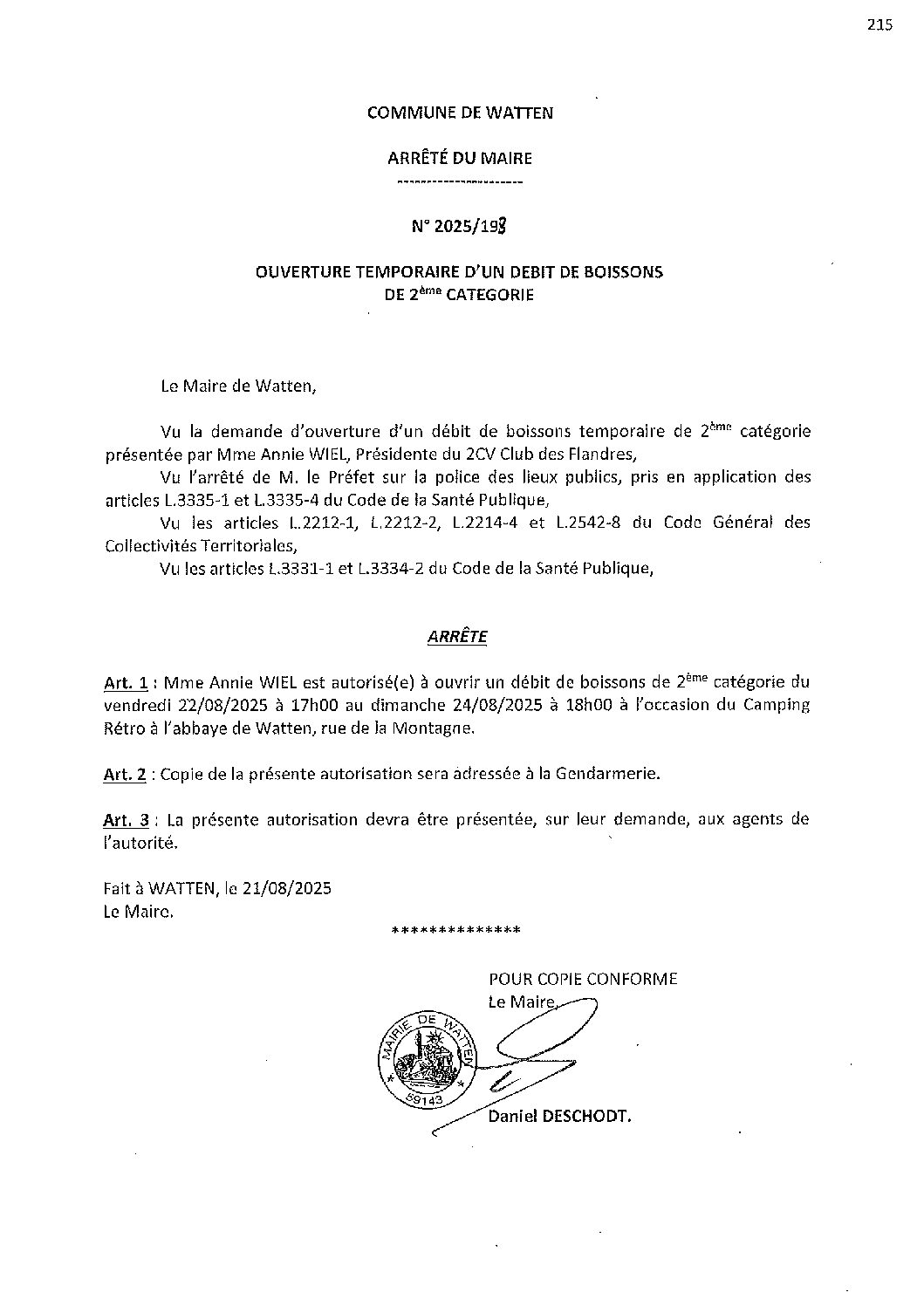 2025-198 arrêté du 21-08-2025 débit de boissons Camping rétro abbaye