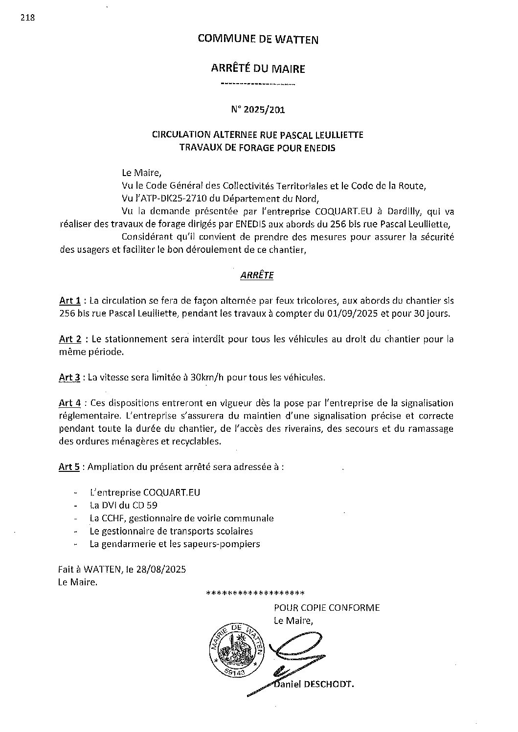2025-201 arrêté du 28-08-2025 circulation alternée 266b rue P. Leulliette forage Enedis