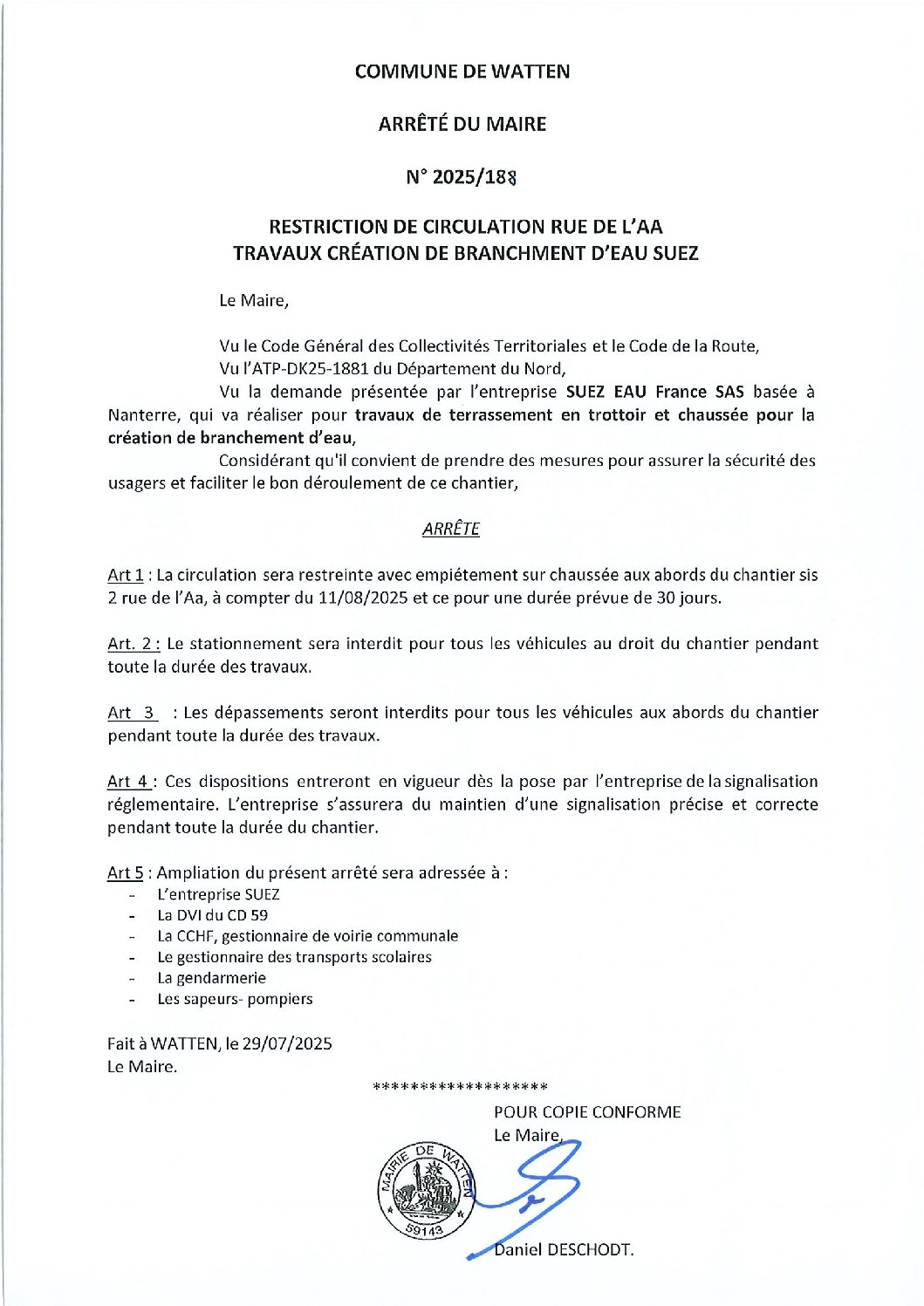 Arrété 2025-188 du 29-07-25 restriction stationnement SUEZ rue de l’Aa