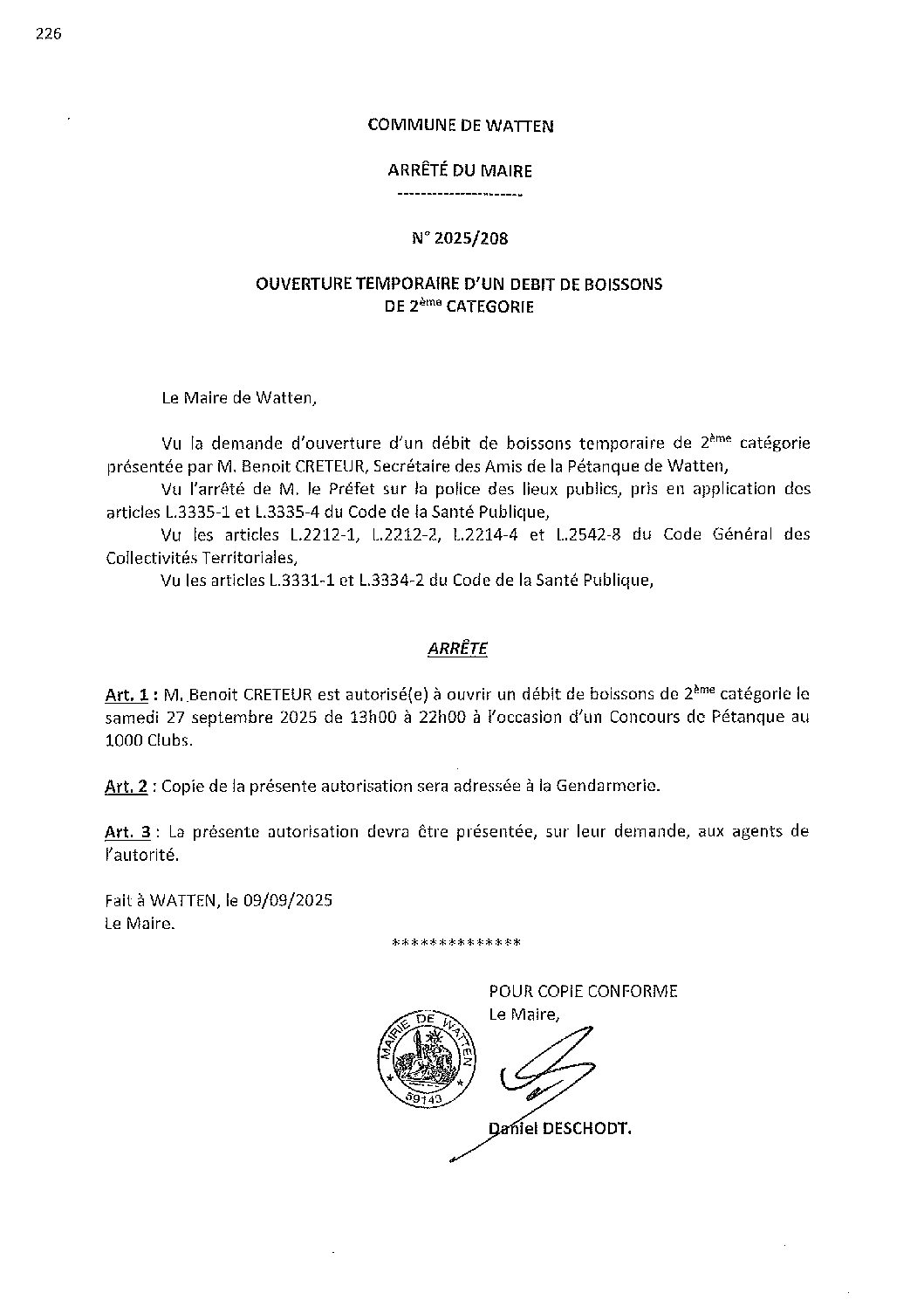 2025-208 arrêté du 09-09-2025 débit de boissons concours Pétanque