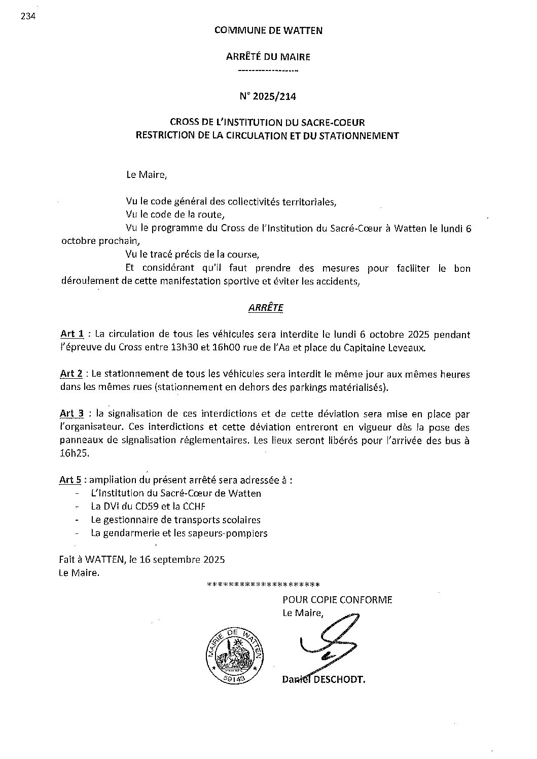 2025-214 arrêté du 16-09-2025 restriction circulation stationnement Cross Collège Sacré-Coeur