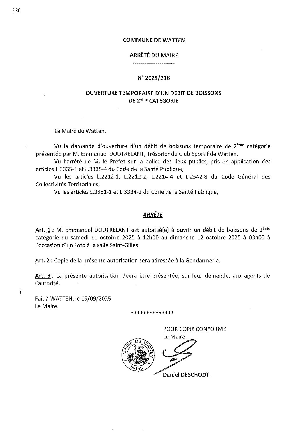 2025-216 arrêté du 19-09-2025 débit de boissons loto CS Watten