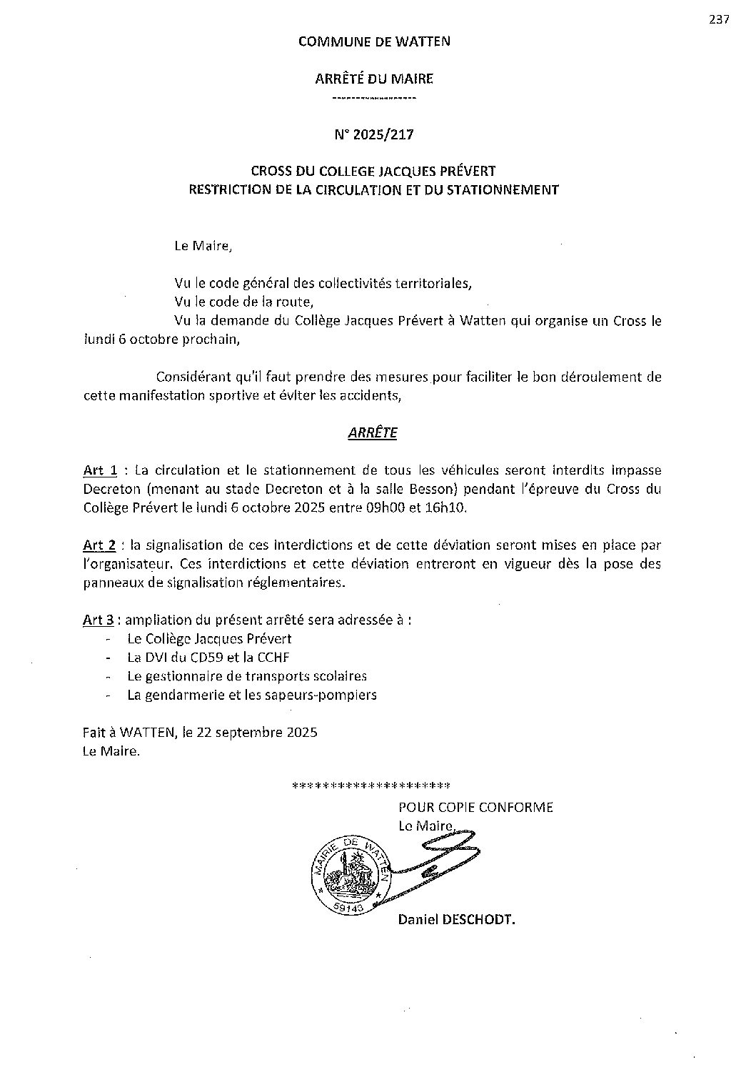 2025-217 arrêté du 22-09-2025 restriction circulation Cross collège Prévert